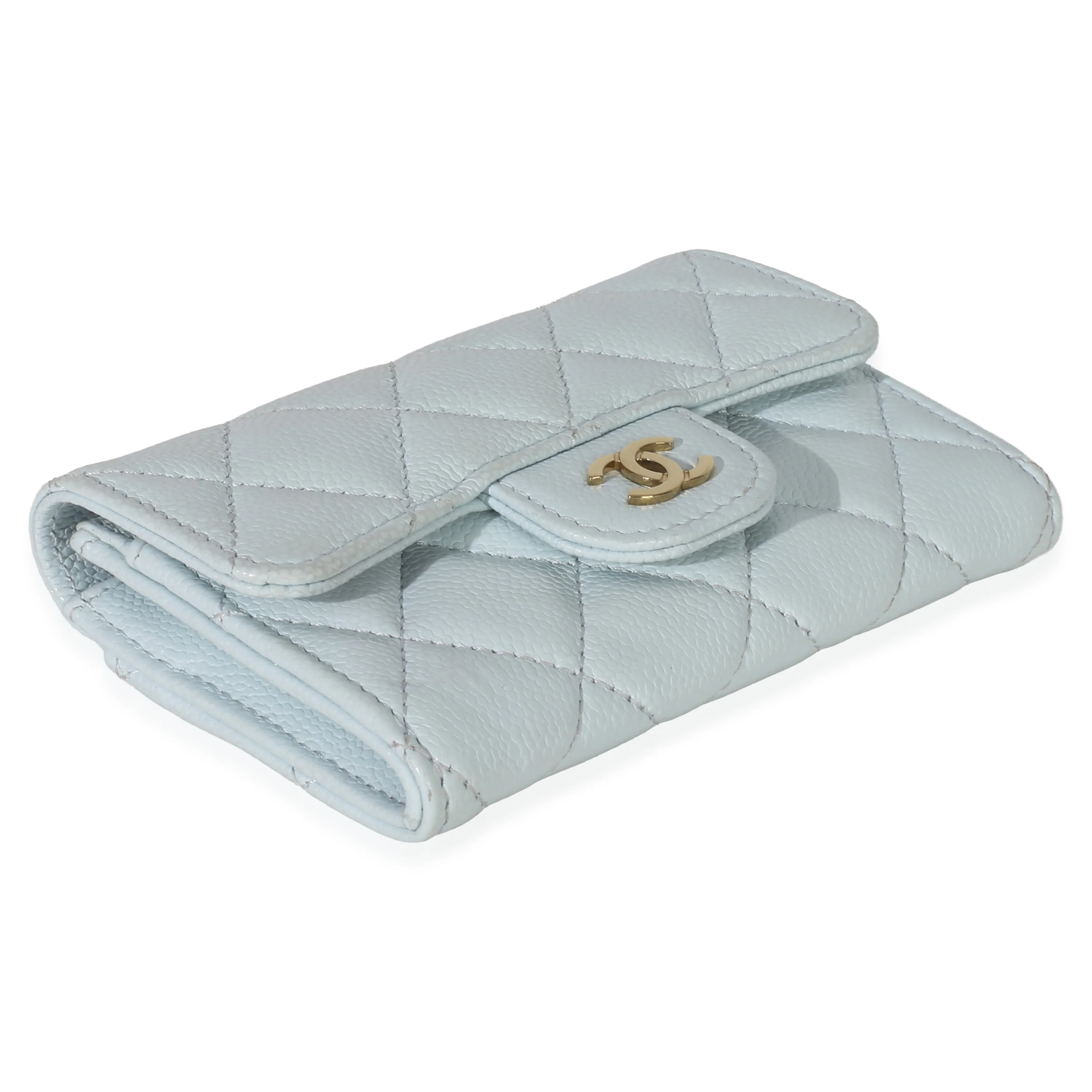 Light Blue Quilted Caviar Flap Card Holder Handbag - Image 6