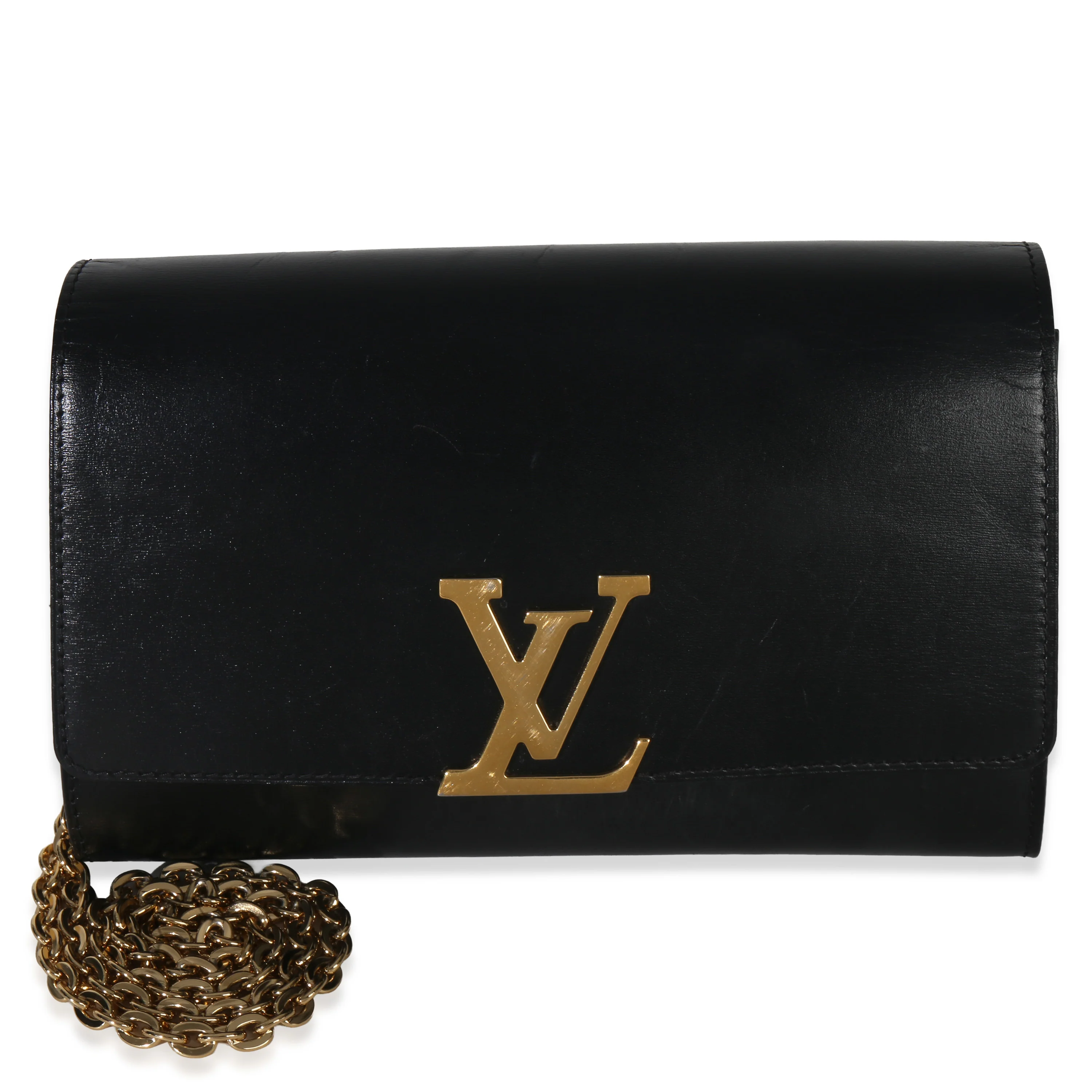 Black Calfskin Leather Chain Louise Clutch MM