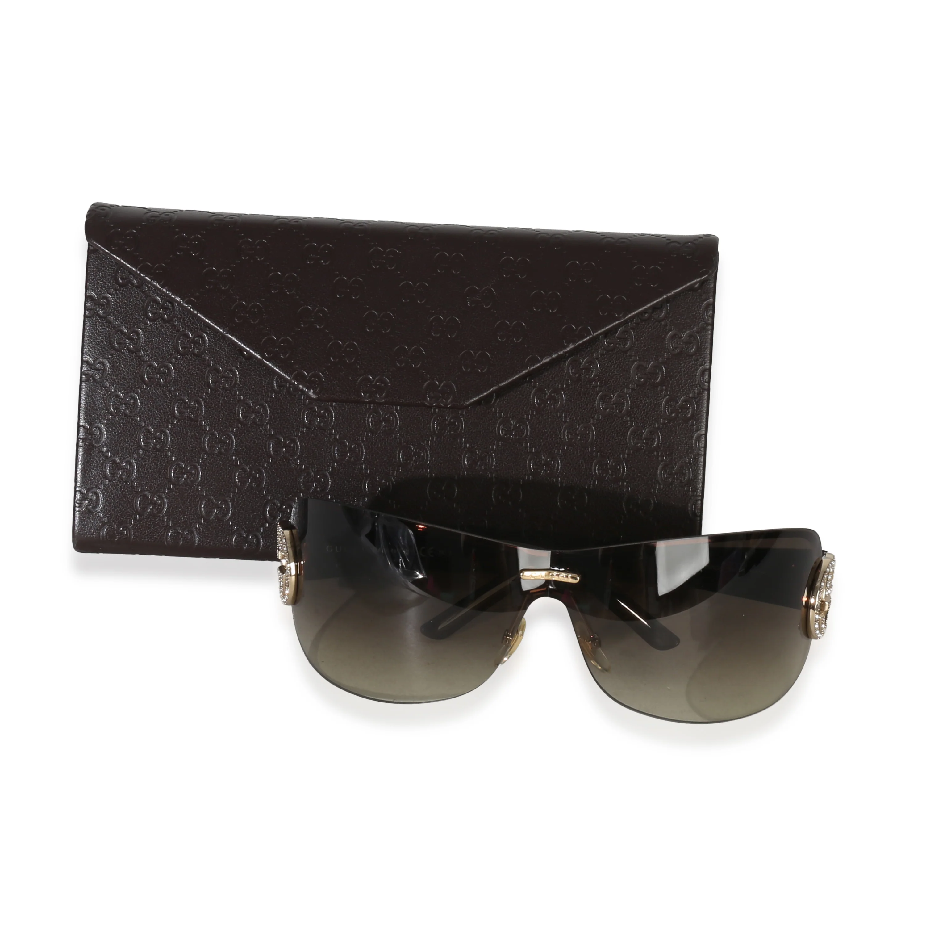 Brown Acetate Crystal GG Logo Rimless Shield Sunglasses