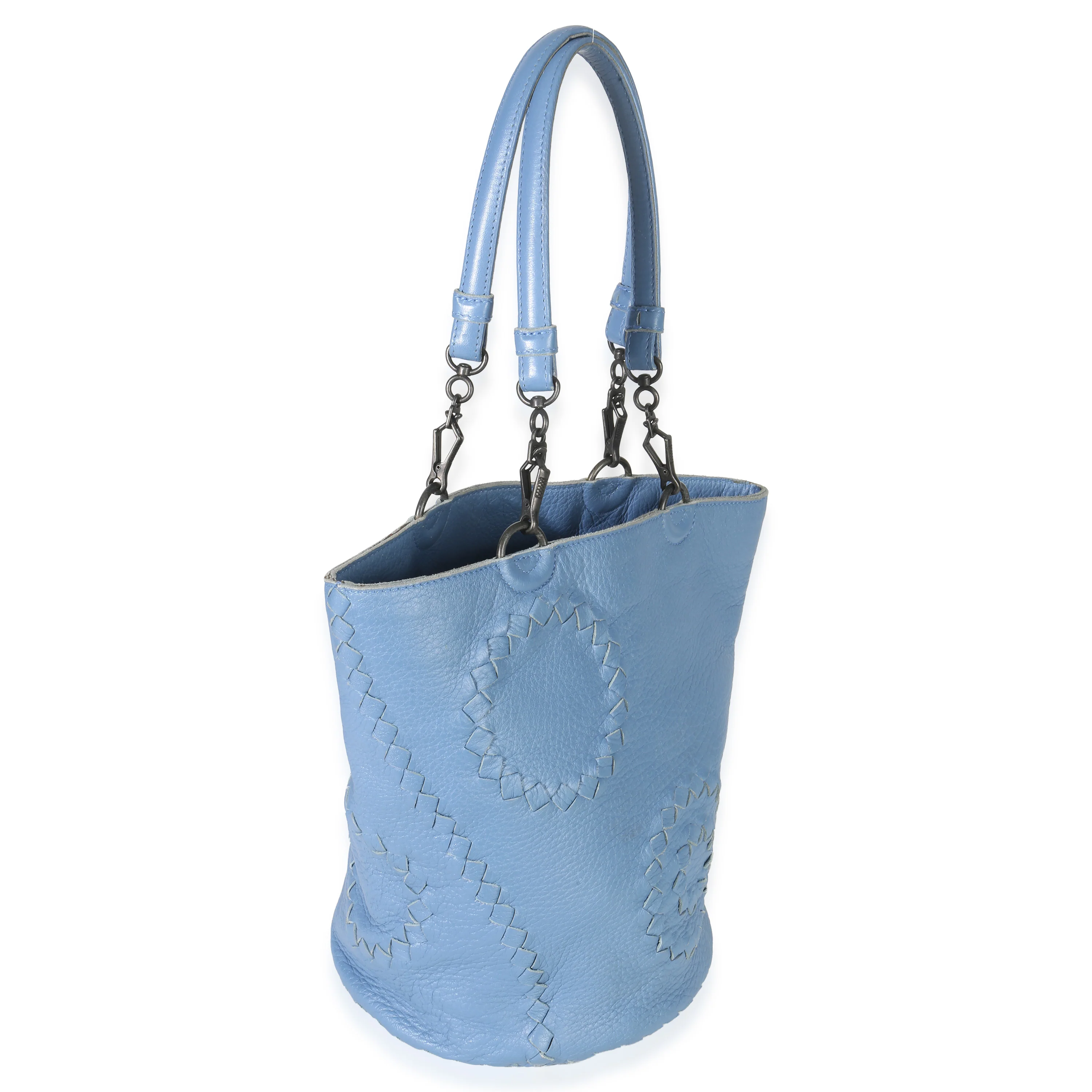 Blue Intrecciato Trimmed Cervo Small Bucket Bag - Image 3