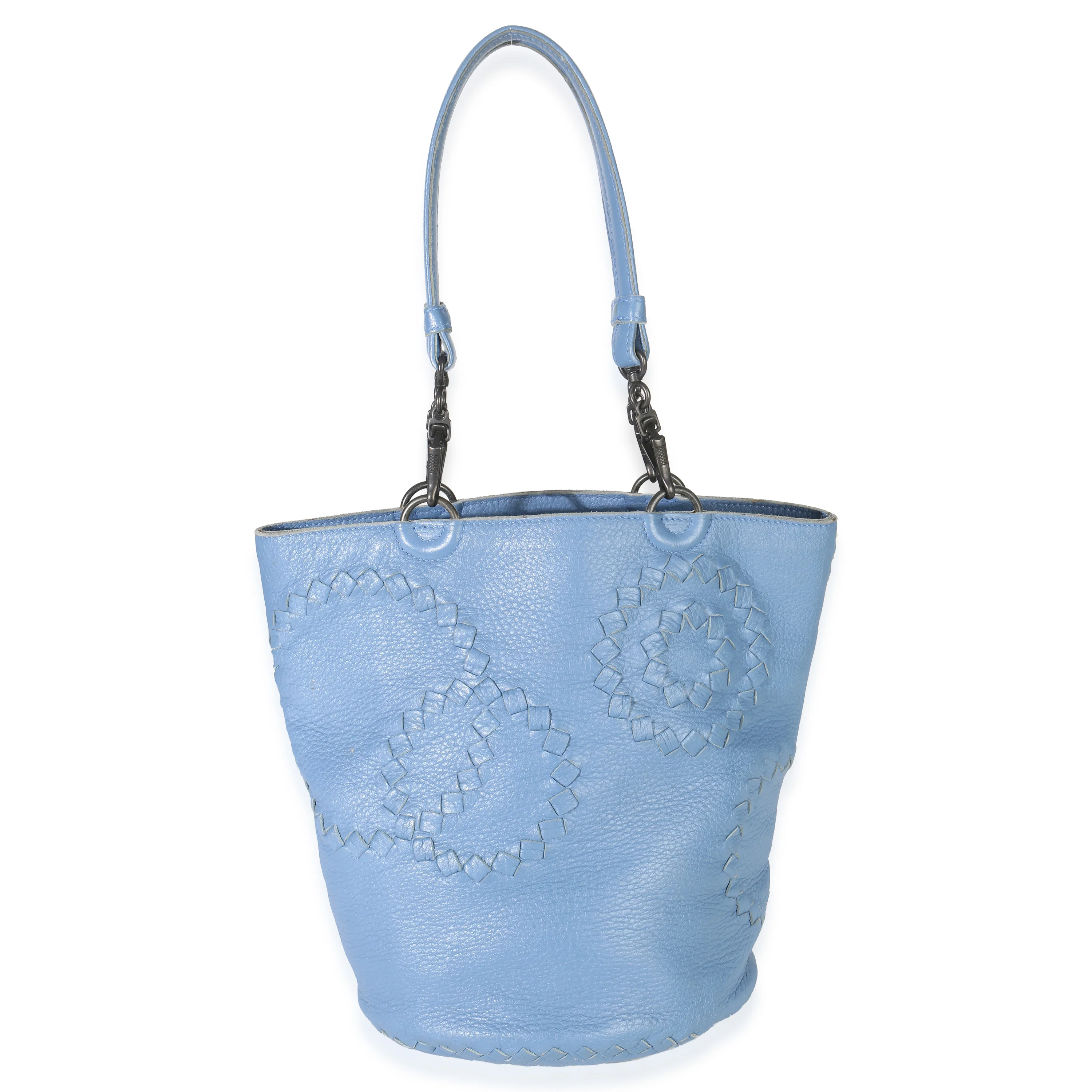Blue Intrecciato Trimmed Cervo Small Bucket Bag - Image 4