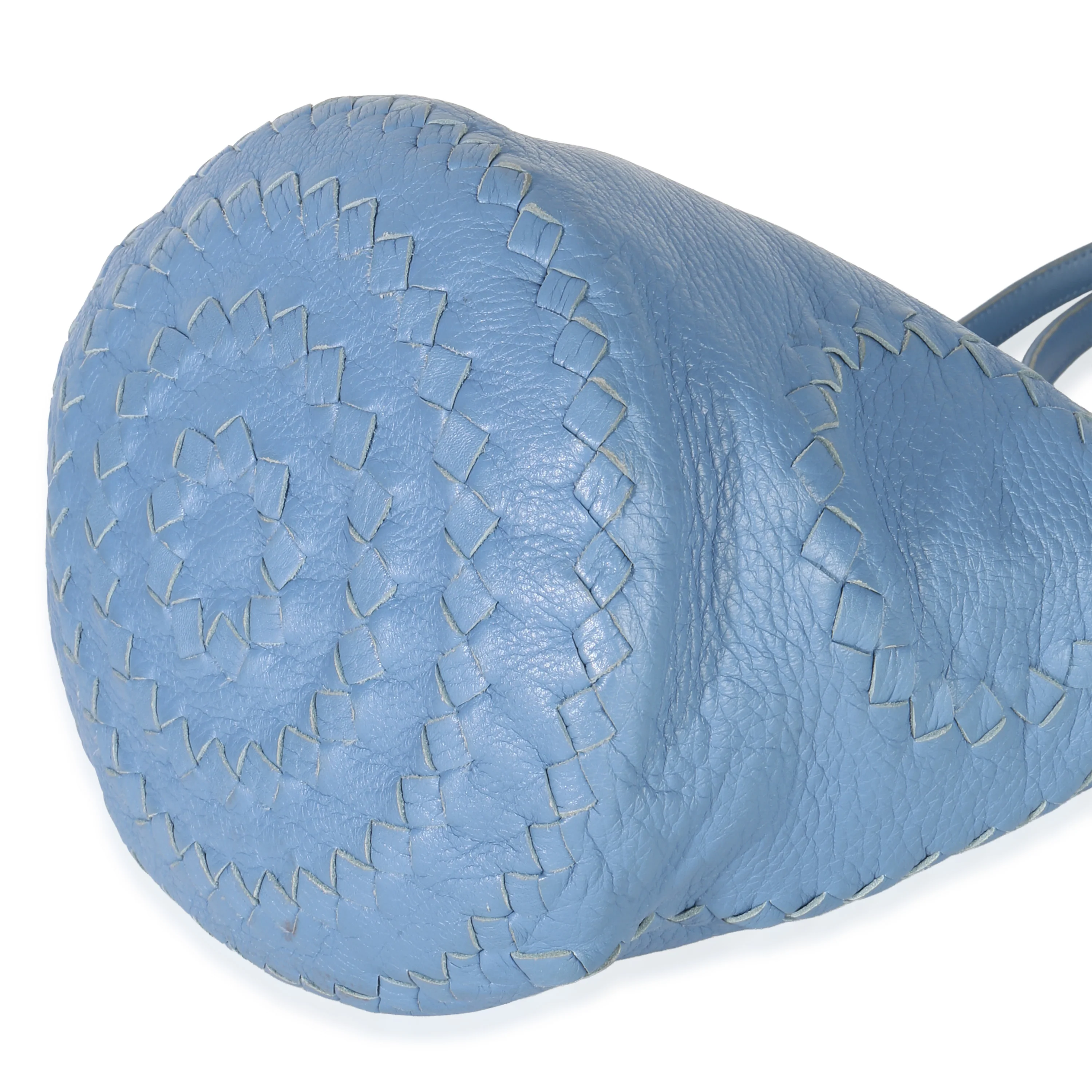 Blue Intrecciato Trimmed Cervo Small Bucket Bag - Image 7
