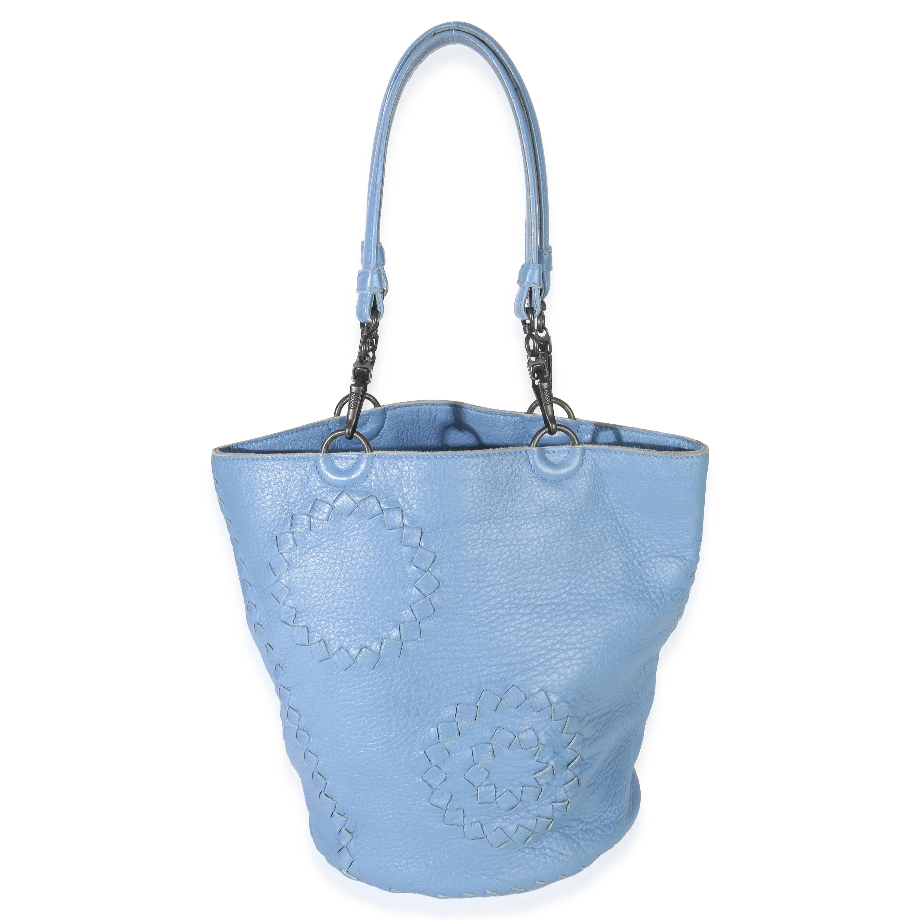 Blue Intrecciato Trimmed Cervo Small Bucket Bag - Image 9