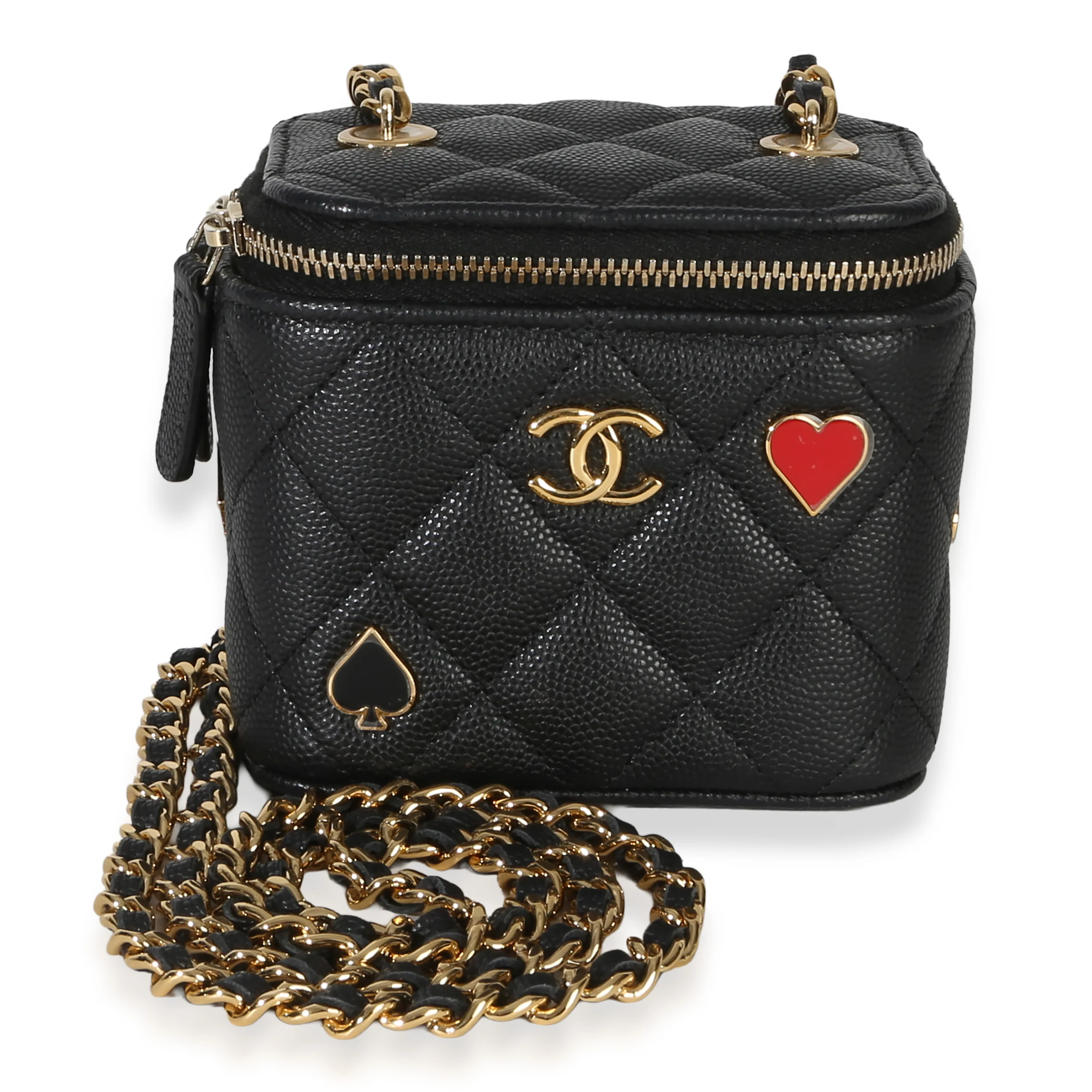 Black Quilted Caviar Mini  Coco Casino Vanity Case With Chain