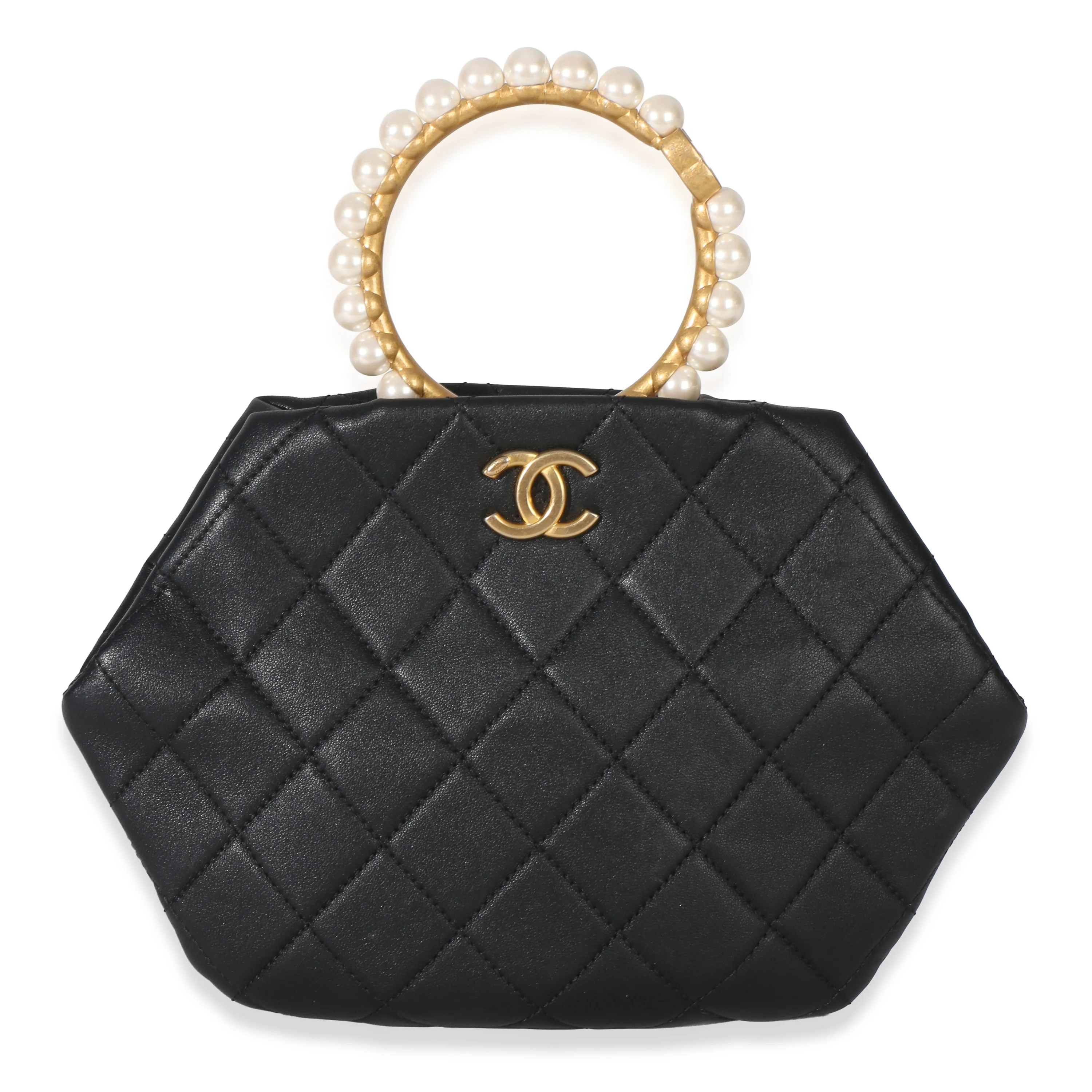 Black Lambskin Quilted Pearl Crown Clutch