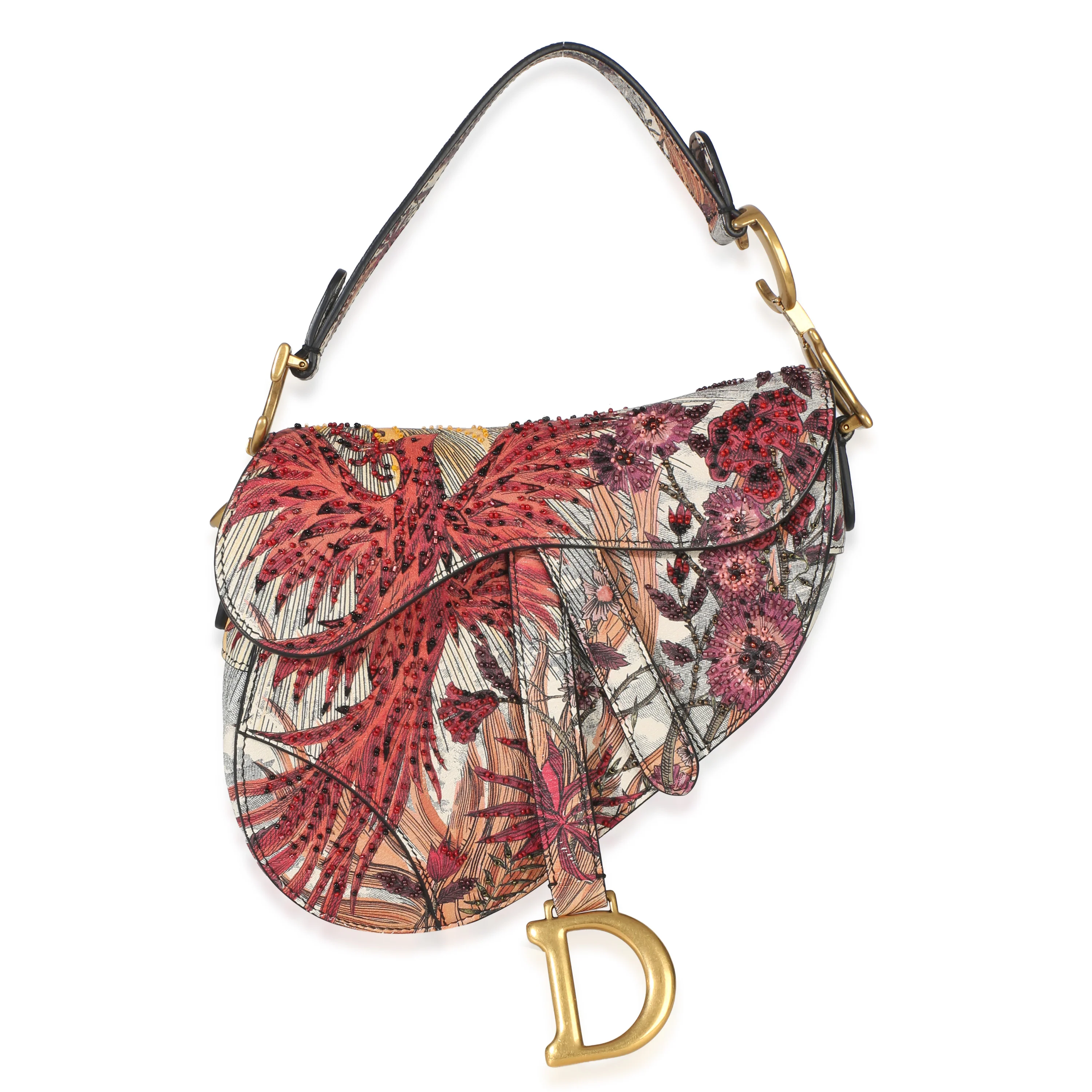 Multicolor Printed Leather Phoenix Beaded Floral Mini Saddle Bag