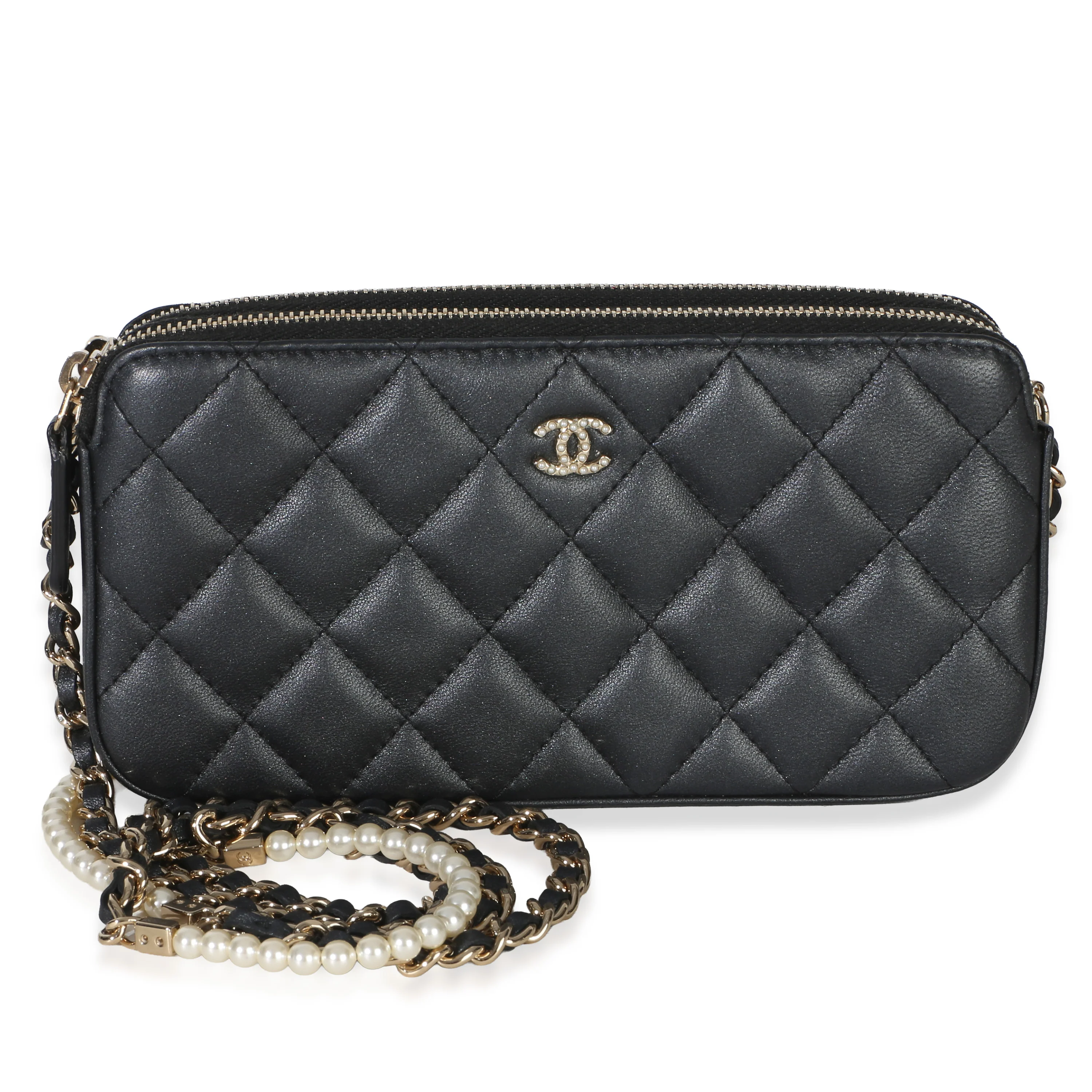 Black Quilted Lambskin Pearl CC Double Zip Clutch With Chain