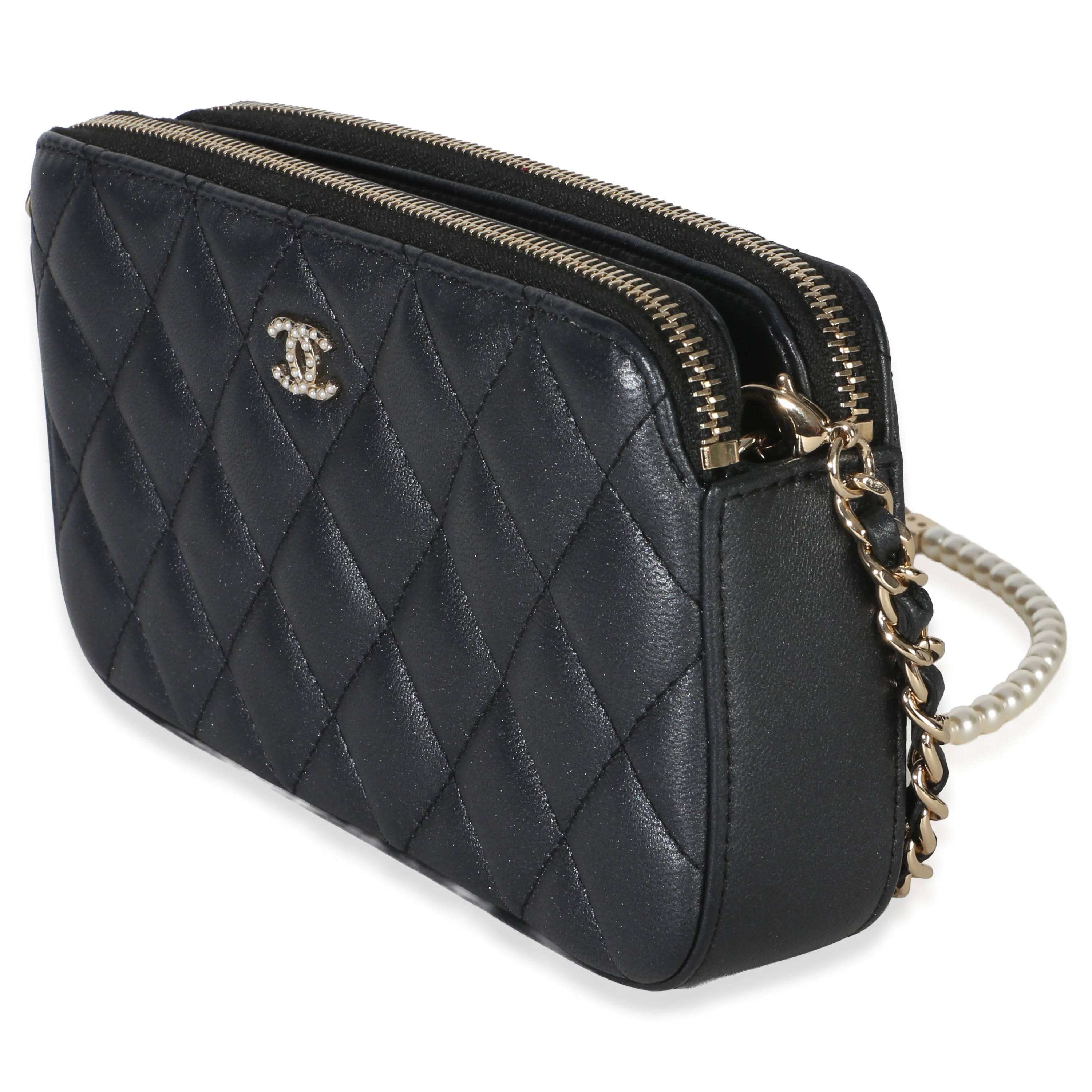 Black Quilted Lambskin Pearl CC Double Zip Clutch With Chain - Image 2