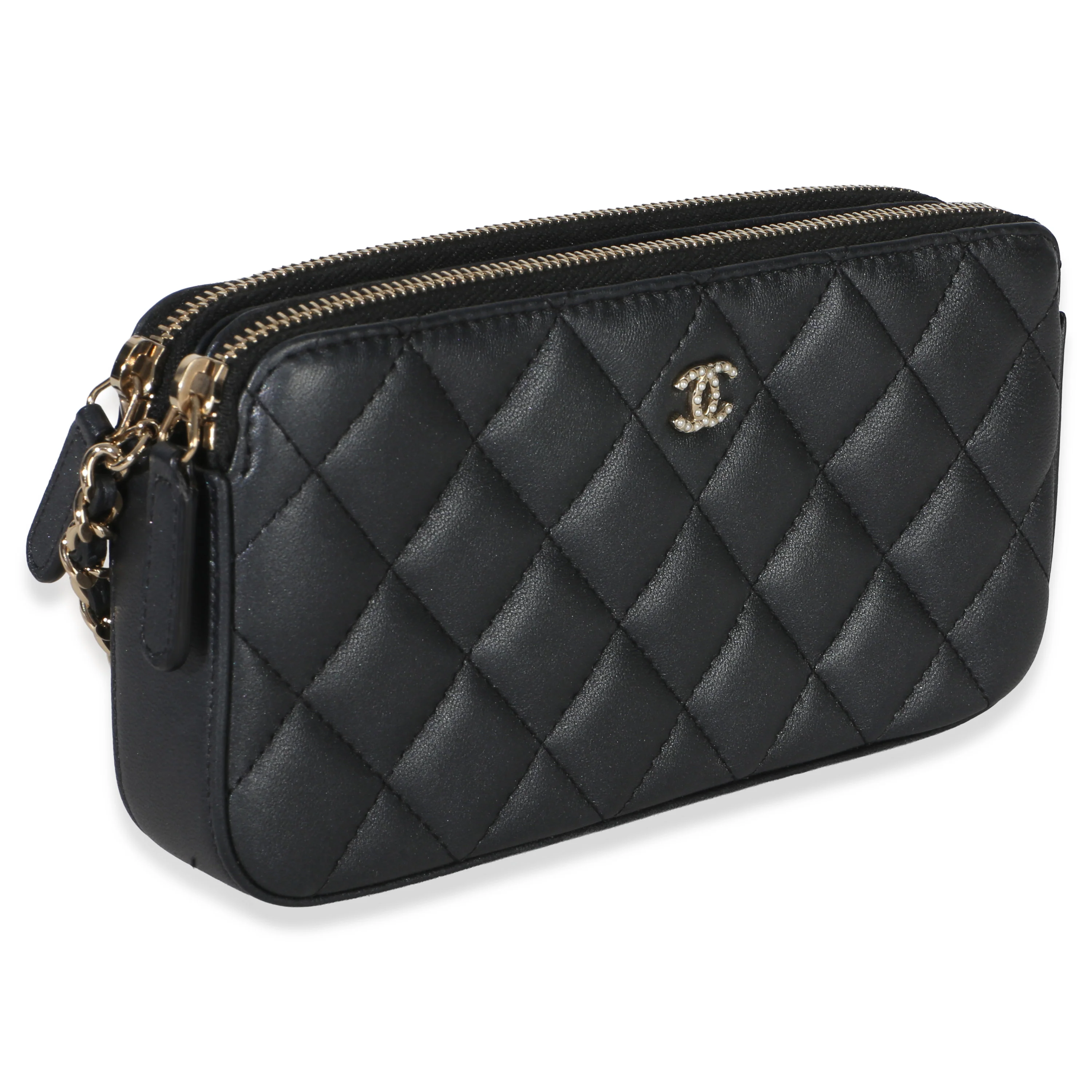 Black Quilted Lambskin Pearl CC Double Zip Clutch With Chain - Image 3