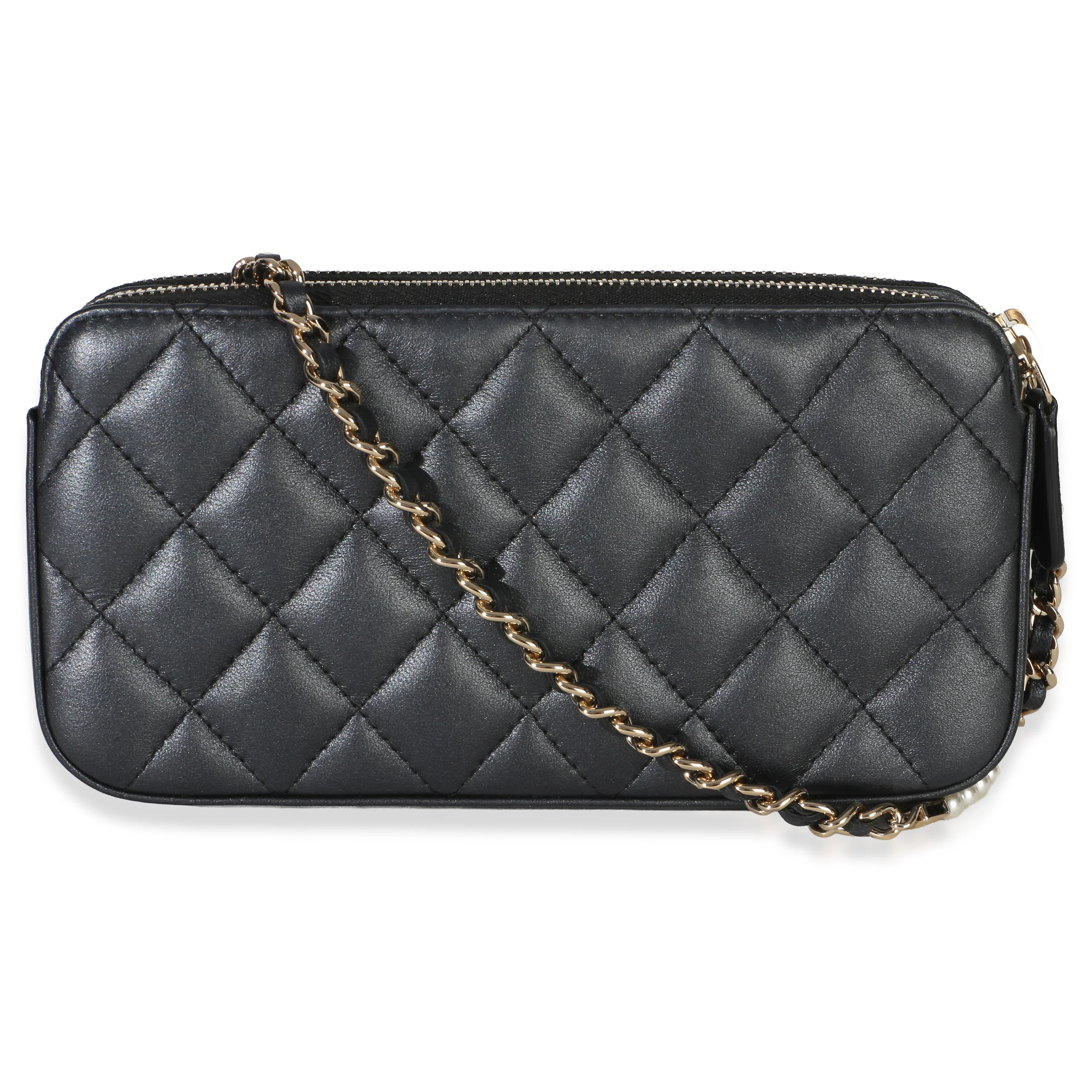 Black Quilted Lambskin Pearl CC Double Zip Clutch With Chain - Image 4