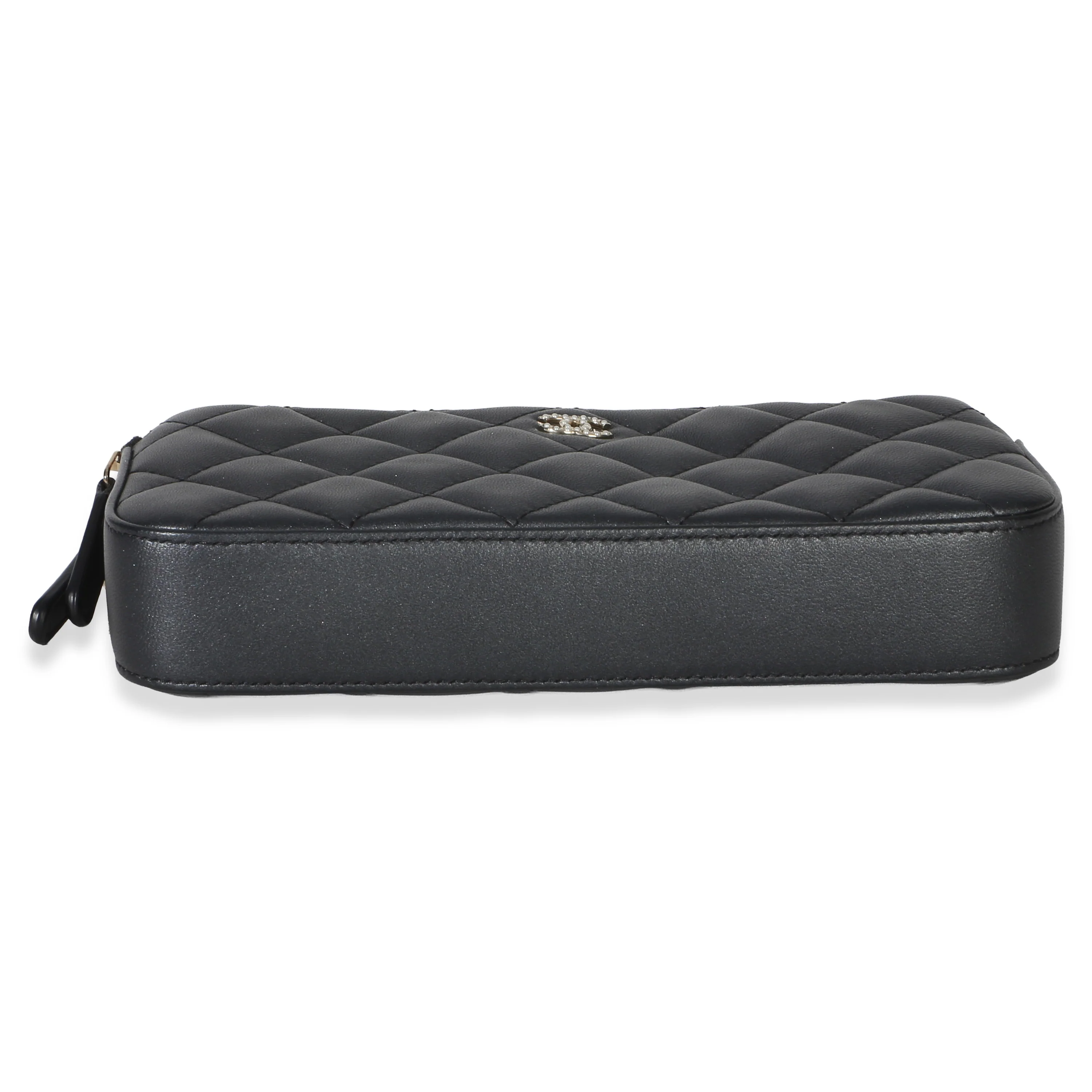 Black Quilted Lambskin Pearl CC Double Zip Clutch With Chain - Image 5