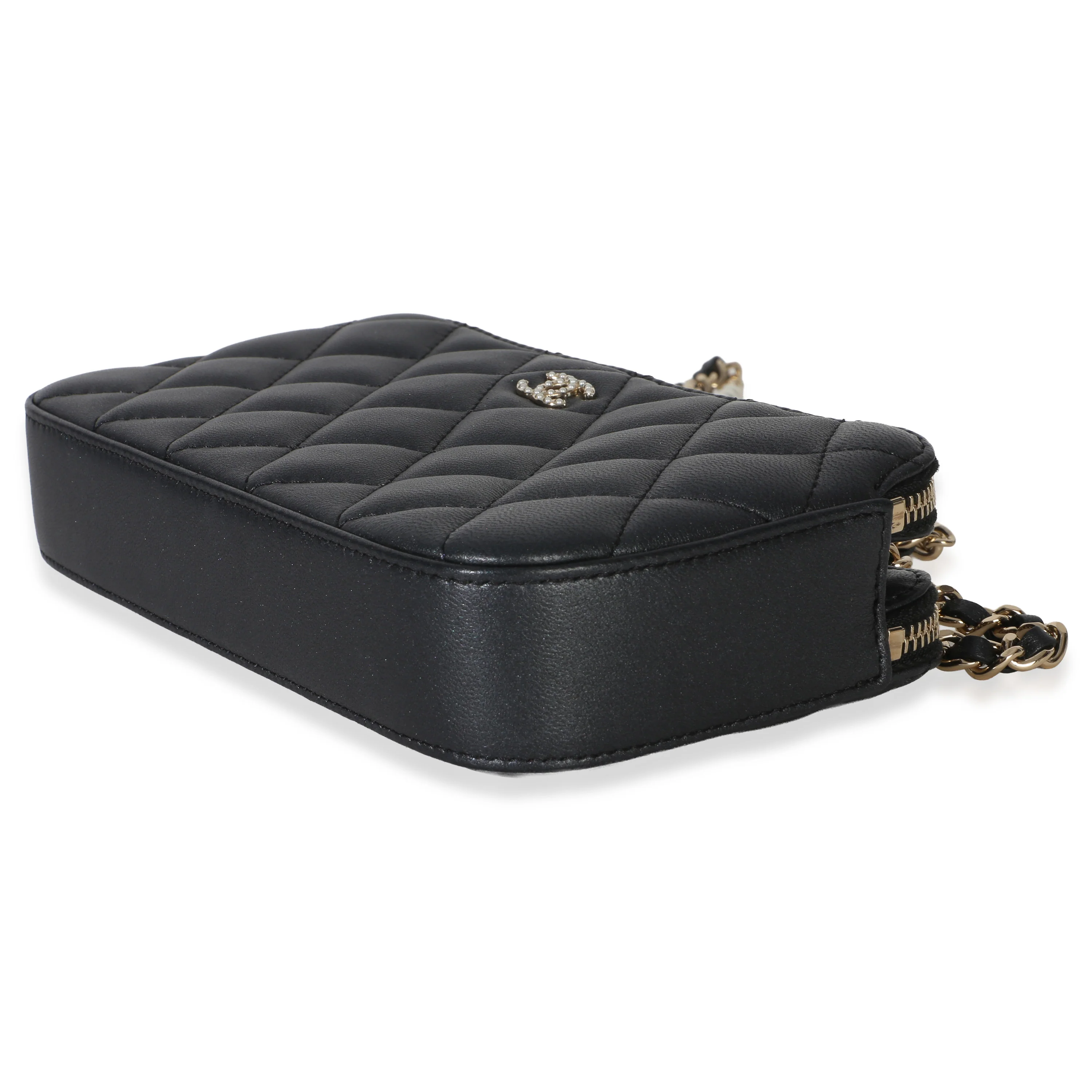 Black Quilted Lambskin Pearl CC Double Zip Clutch With Chain - Image 7