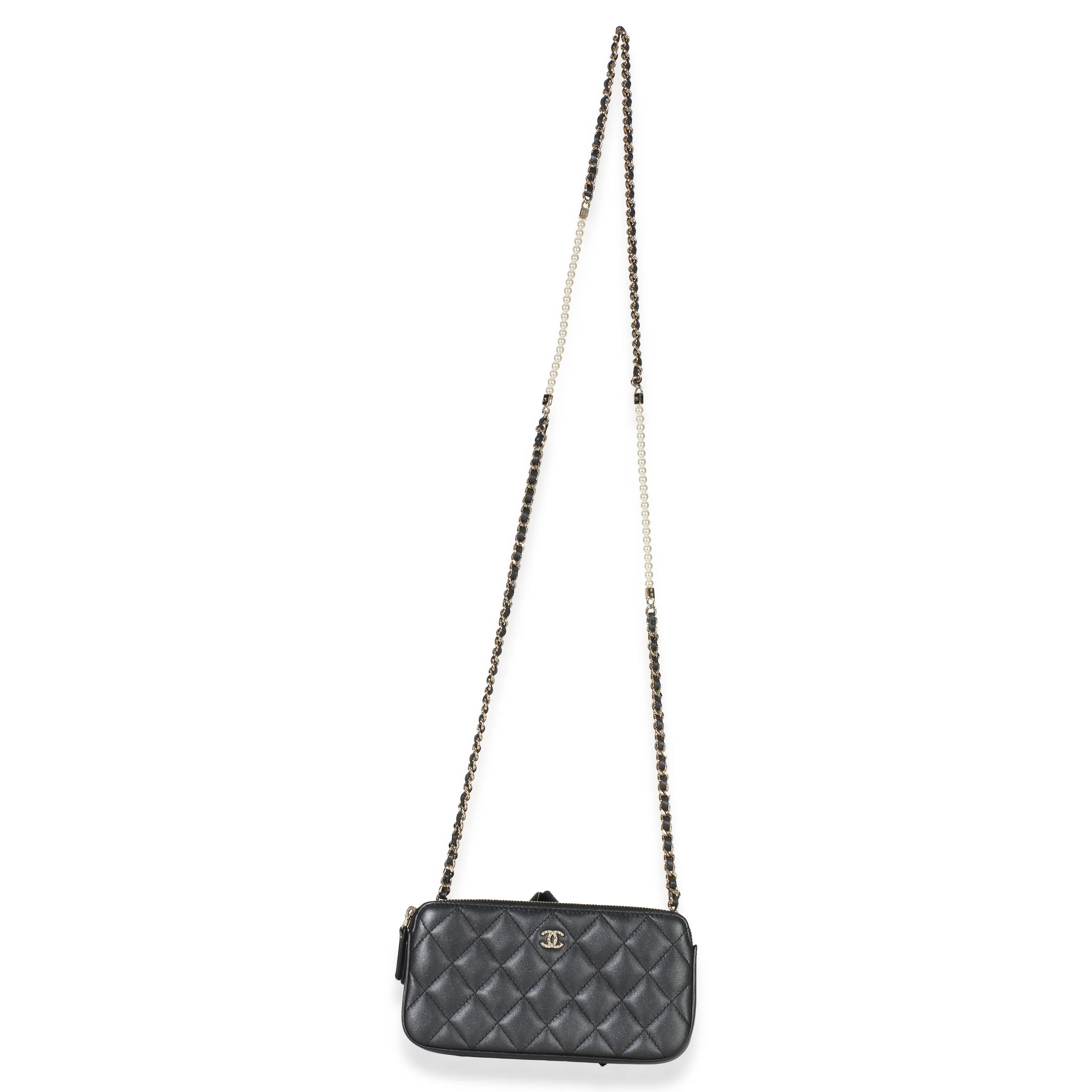 Black Quilted Lambskin Pearl CC Double Zip Clutch With Chain - Image 8