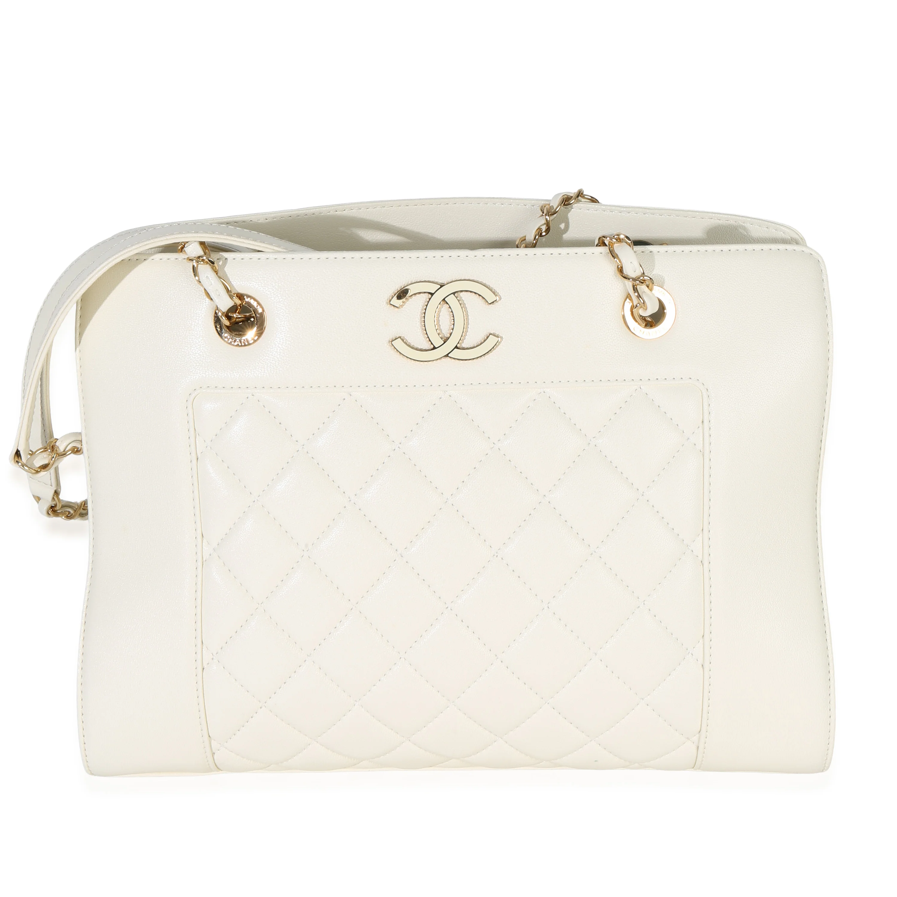 White Quilted Sheepskin Mademoiselle Medium Vintage Shopping Tote