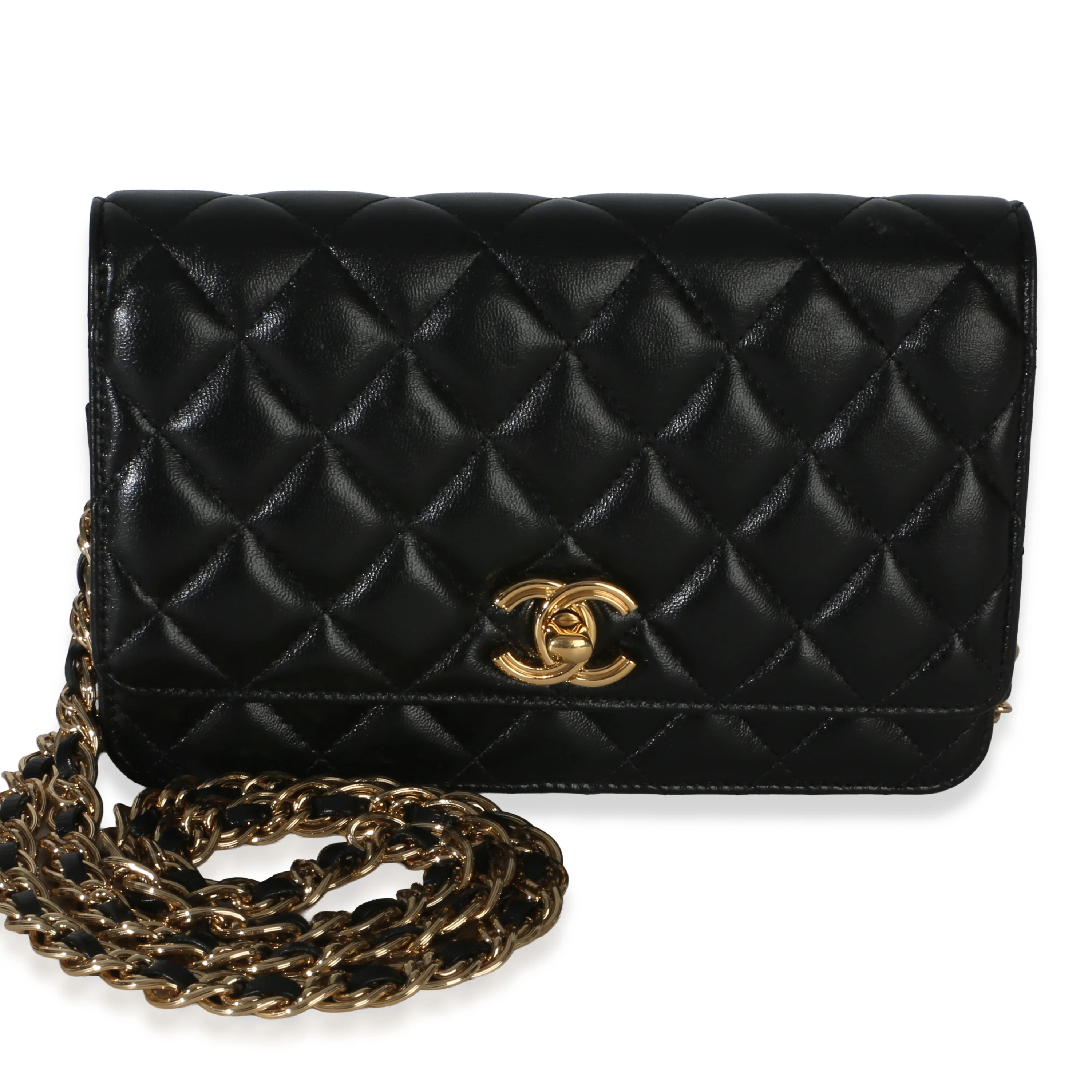 Black Shiny Calfskin CC Wallet on Chain