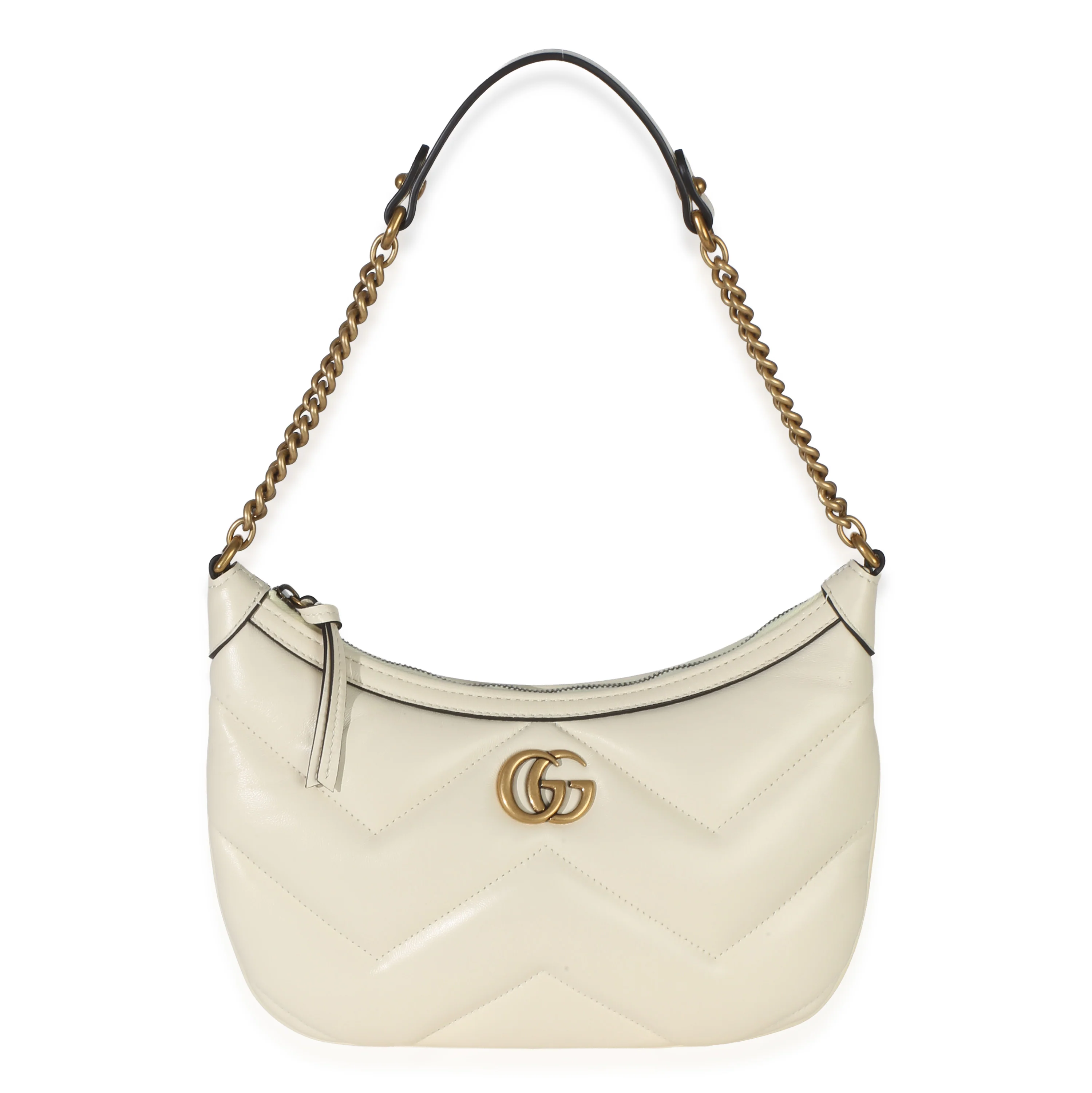 Cream GG Marmont Matelasse Small Chain Moon Hobo