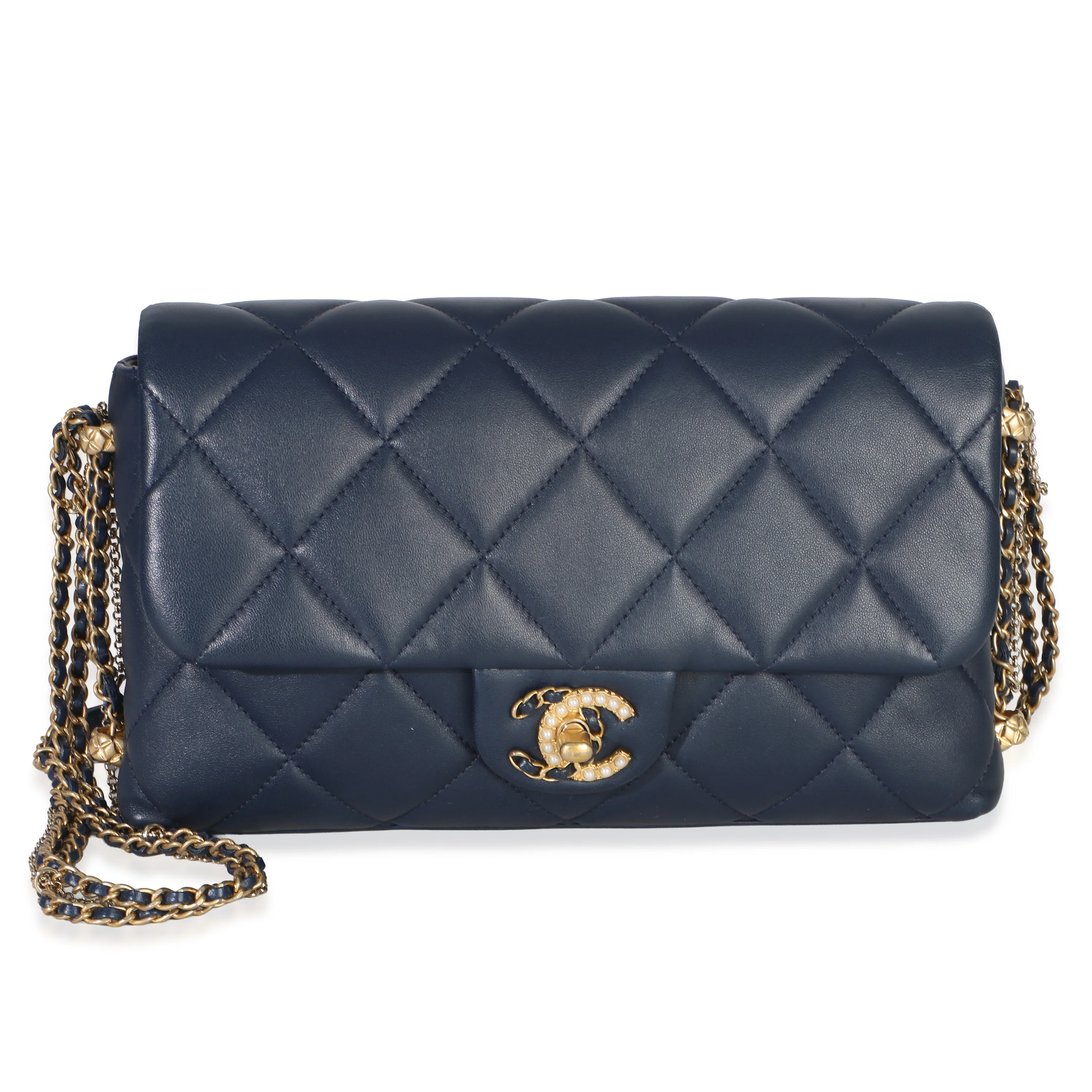 Navy Quilted Lambskin Pearl CC Crush Small Triple Chain Flap Bag