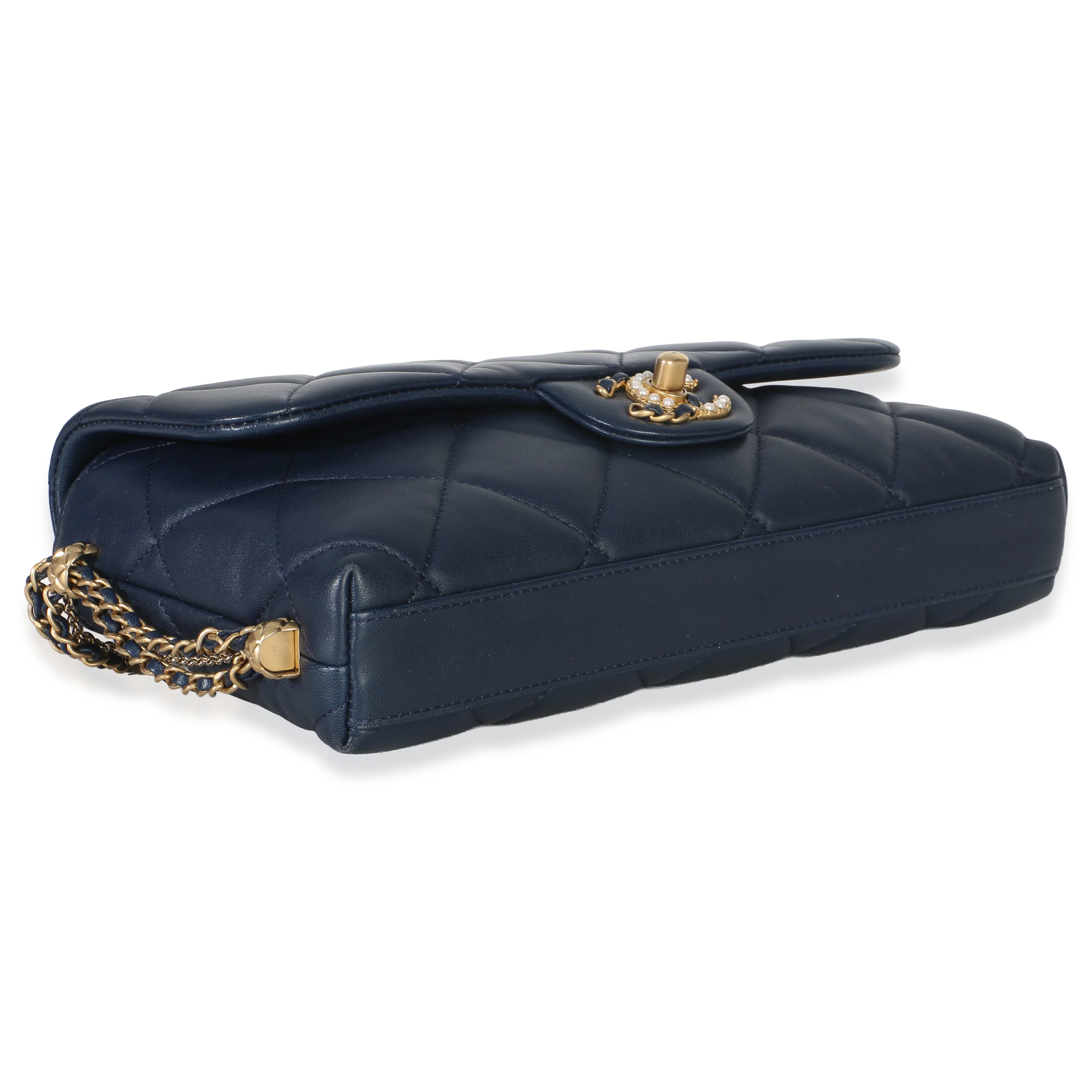 Navy Quilted Lambskin Pearl CC Crush Small Triple Chain Flap Bag - Image 6