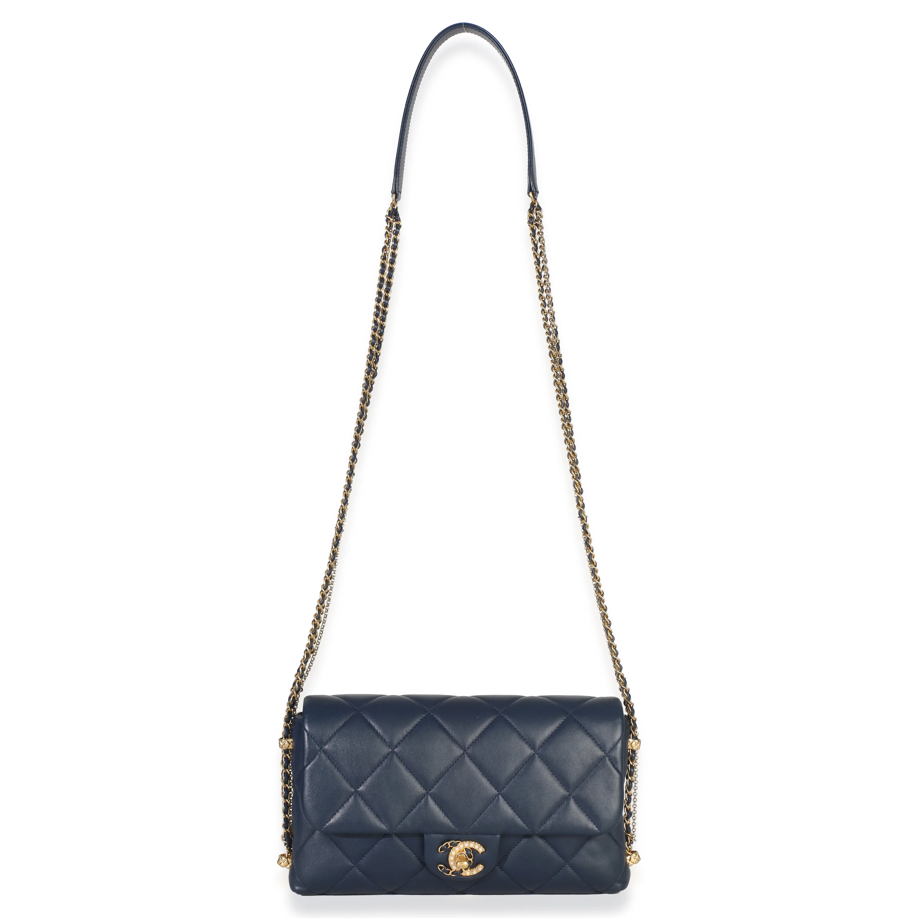 Navy Quilted Lambskin Pearl CC Crush Small Triple Chain Flap Bag - Image 8