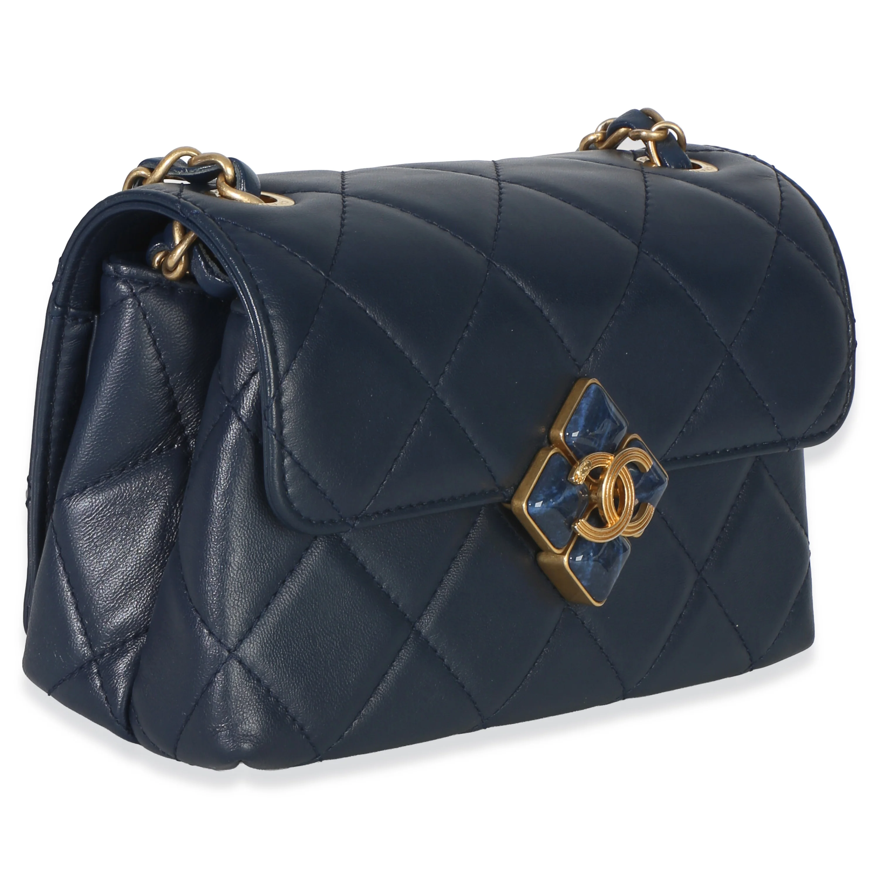 Navy Quilted Lambskin Mini Diamond Lock Flap Bag - Image 3