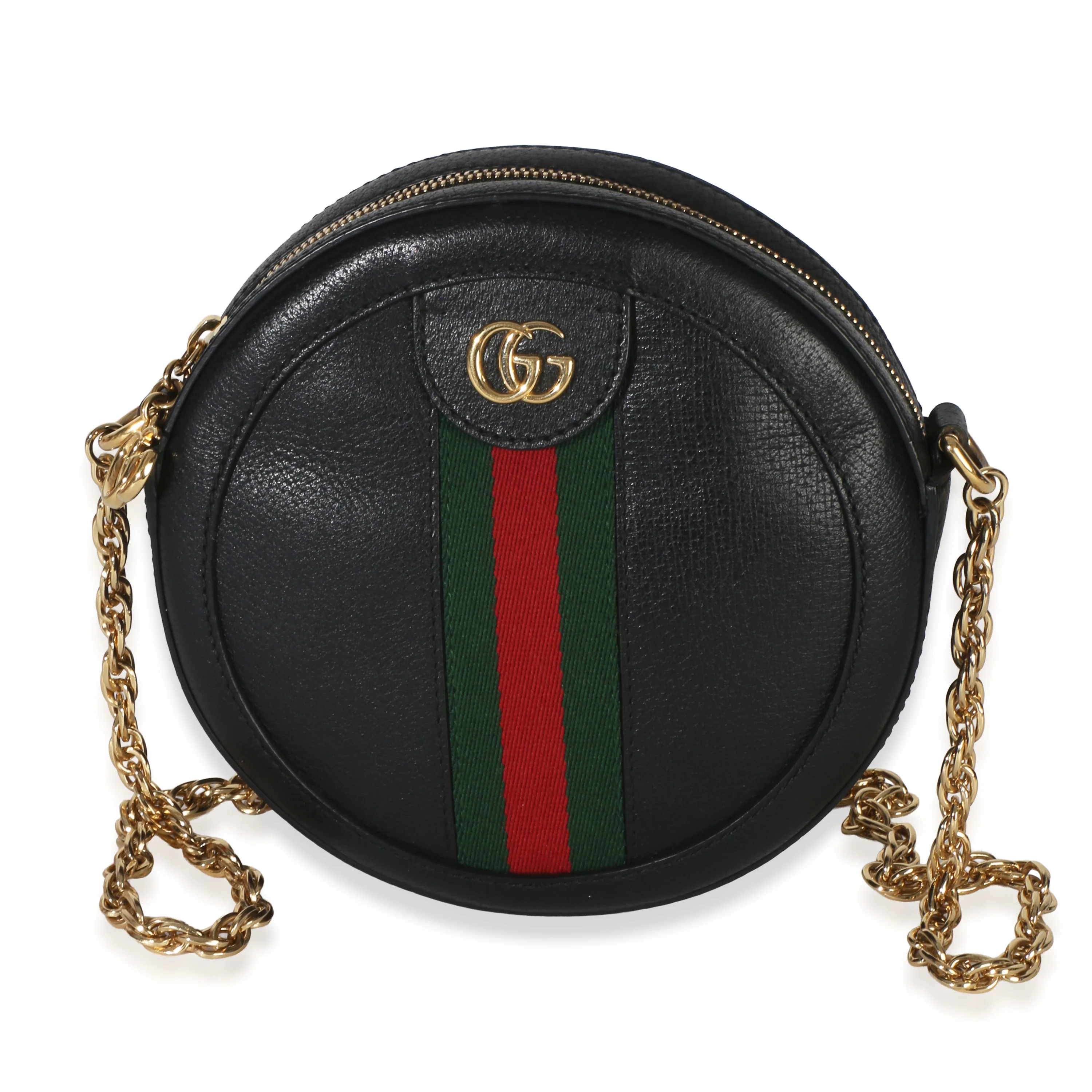 Black Grained Calfskin Web Mini Ophidia Round Shoulder Bag
