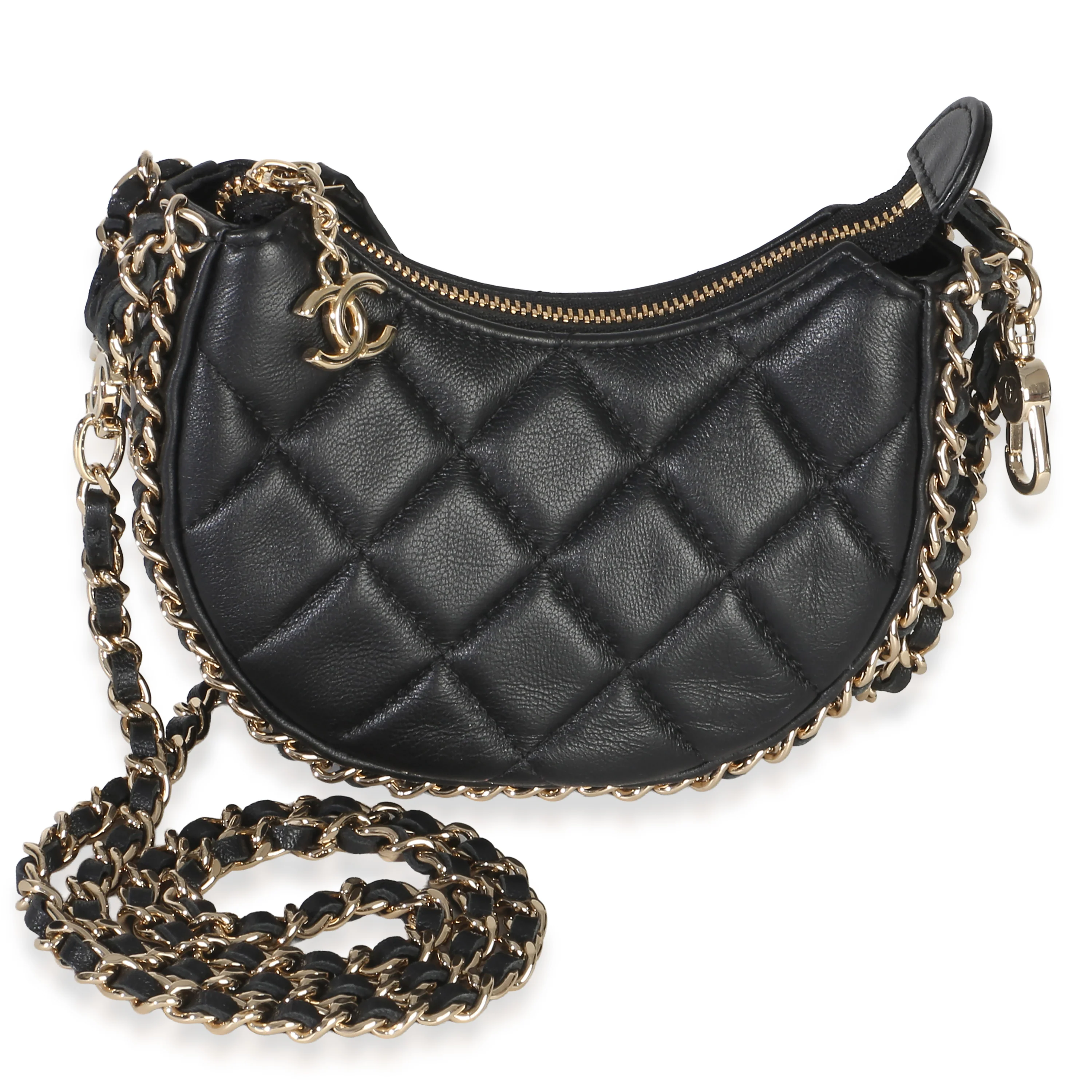 Black Lambskin Quilted CC Chain Around Mini Moon Hobo Crossbody