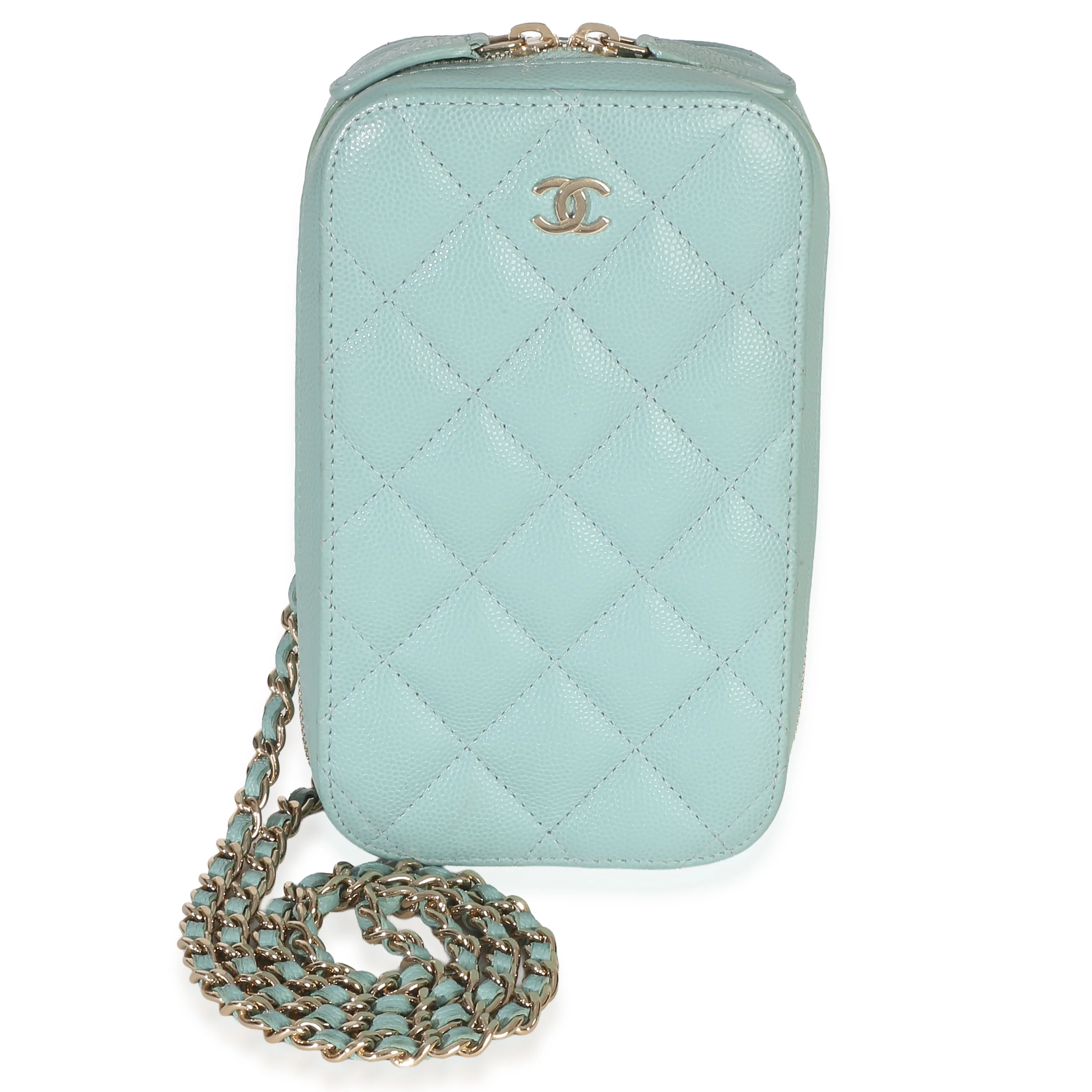 Teal Quilted Caviar Zip Around Phone Holder With Chain