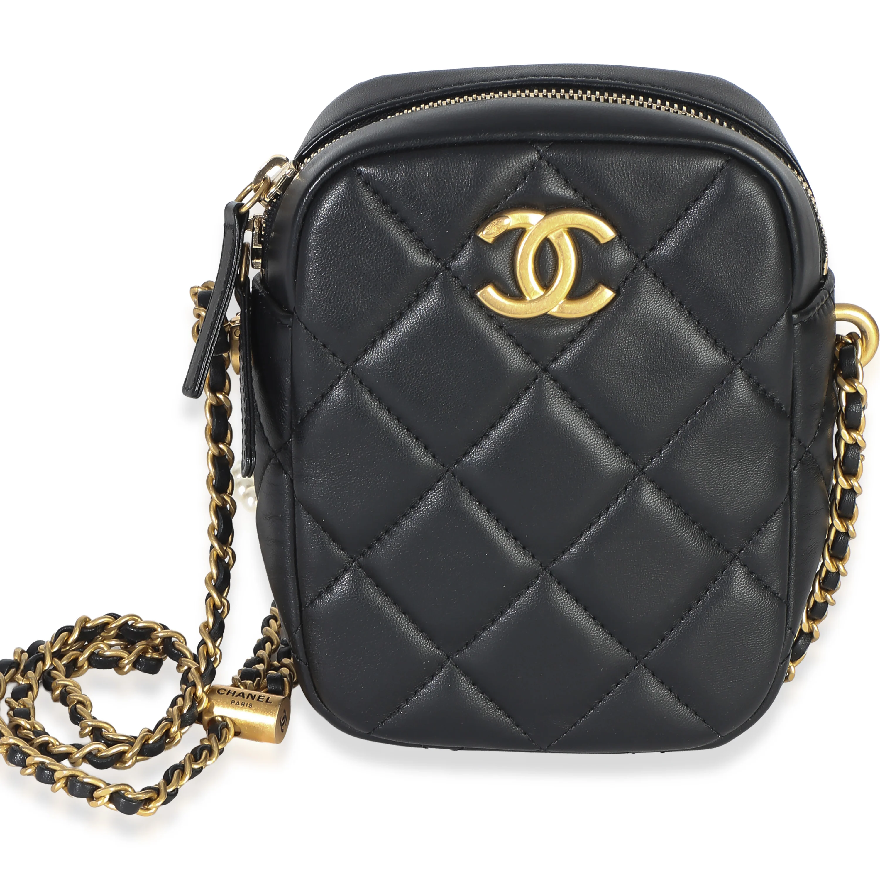 Black Quilted Lambskin My Perfect Pearl Chain Vertical Camera Case