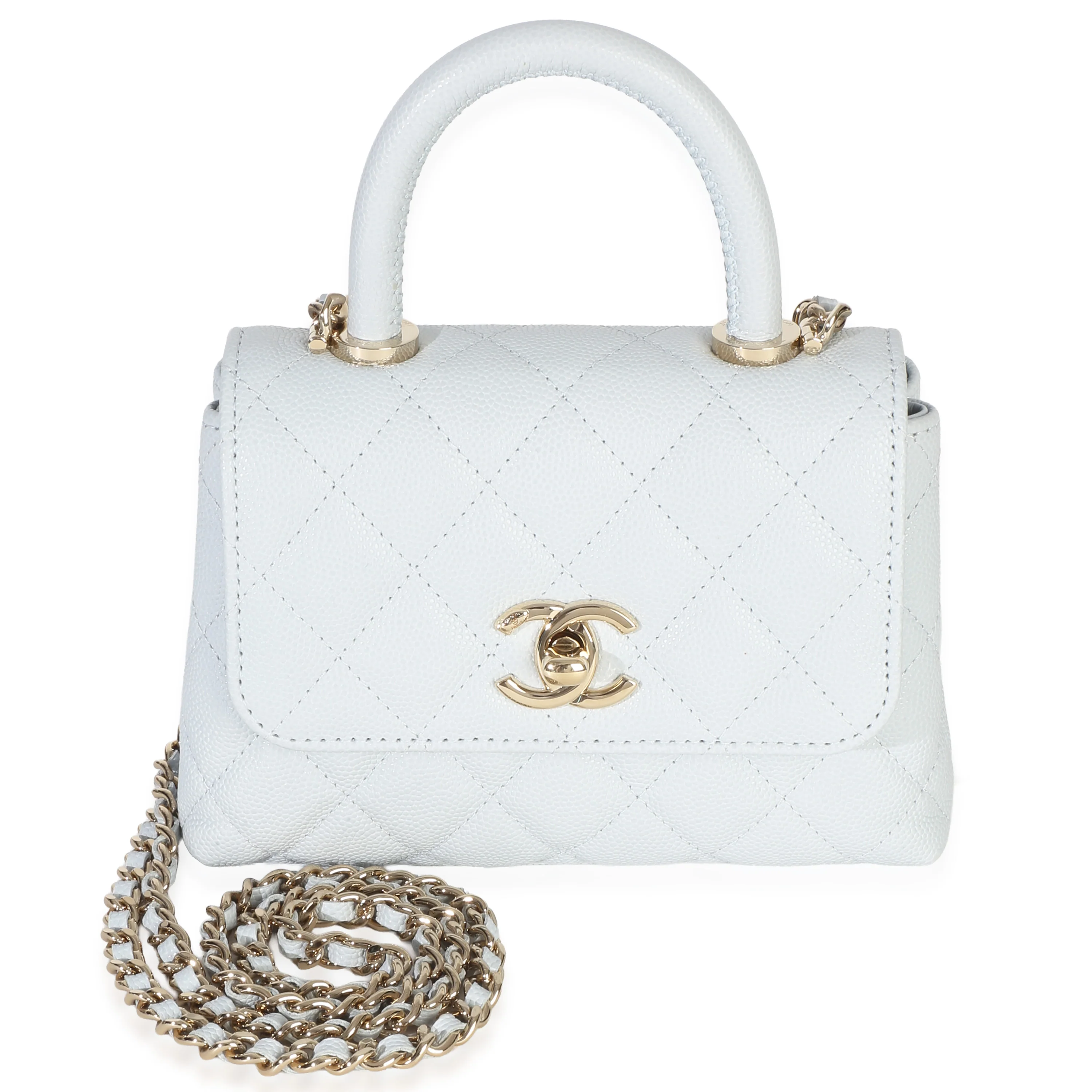 Light Blue Quilted Caviar Coco Handle Clutch With Chain
