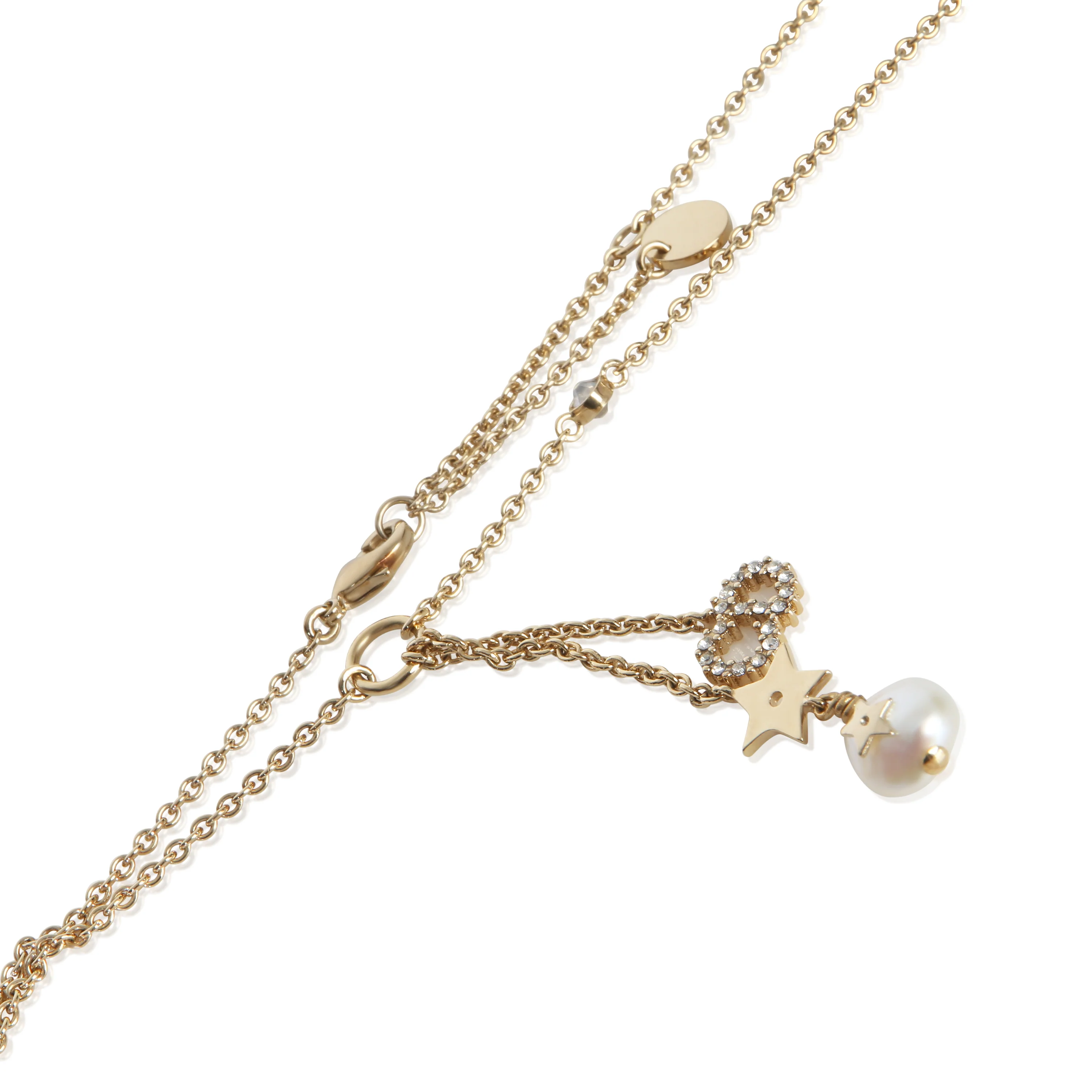 Gold-Plated Strass CD & Faux Pearl Lariat Necklace - Image 2
