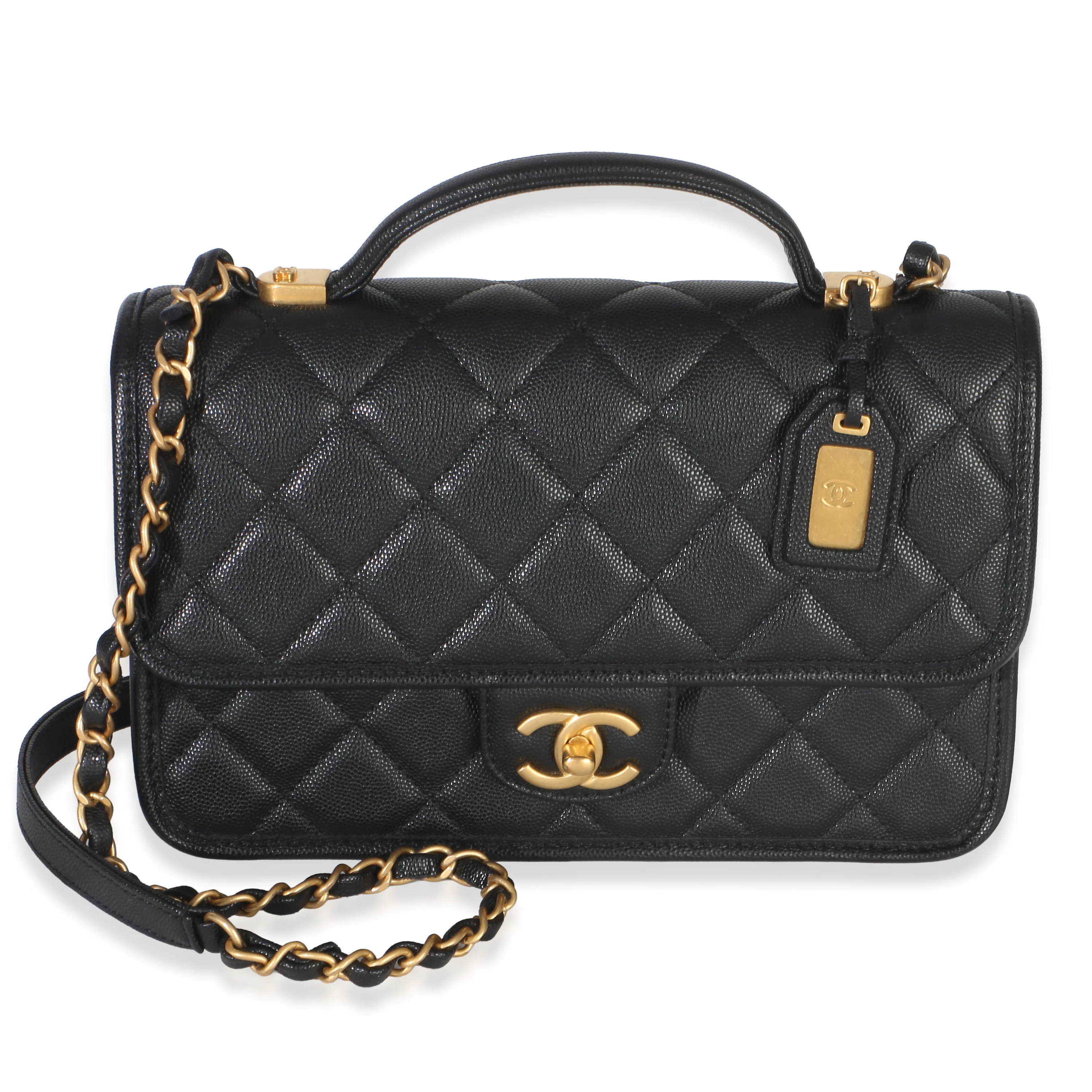 Black Quilted Caviar 22K Top Handle Flap Bag