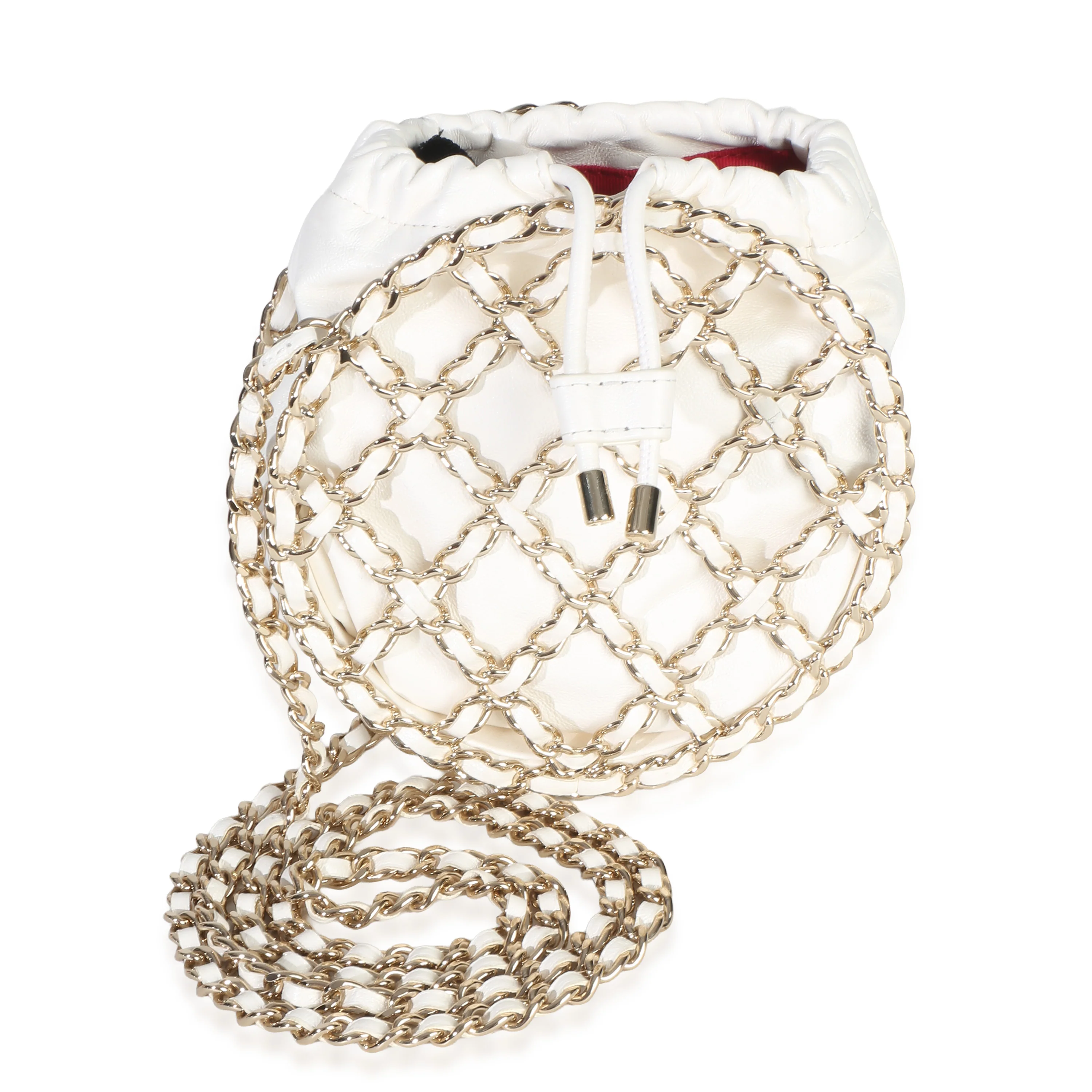White Lambskin Drawstring Round Chain Frame Bag