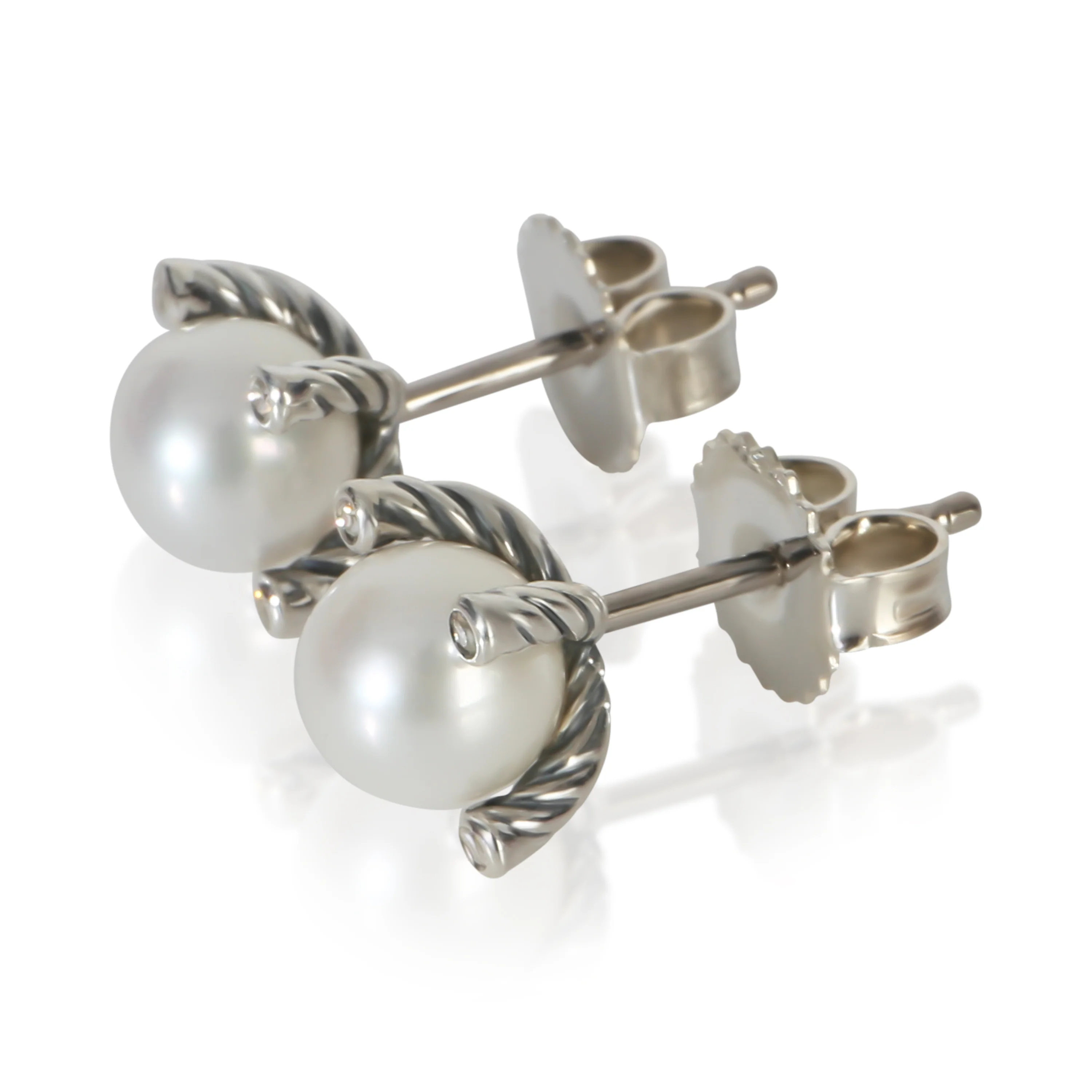 Sterling Silver Pearl and Diamond Earrings - Image 2