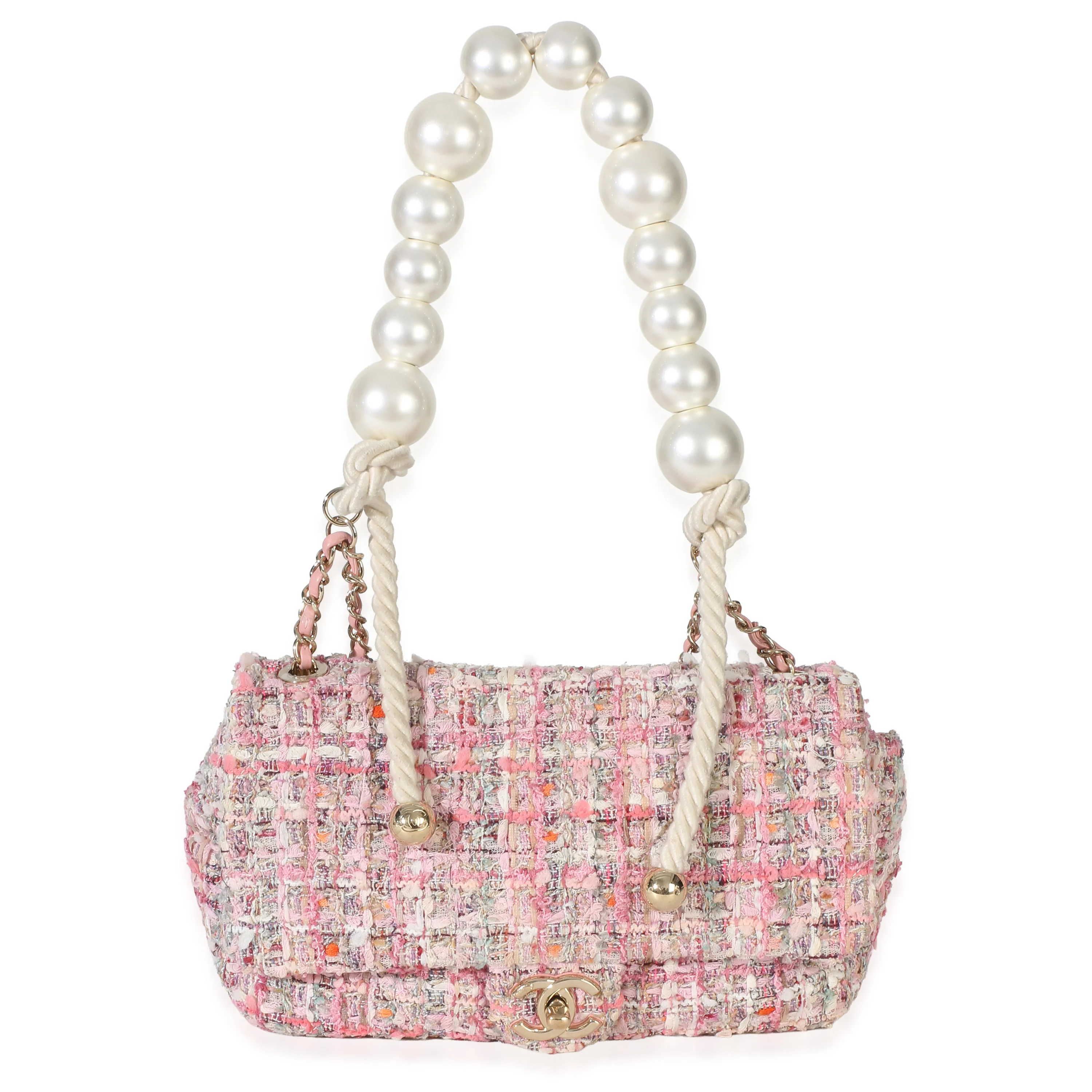 Pink Multicolor Tweed Medium Pearl Handle Flap Bag