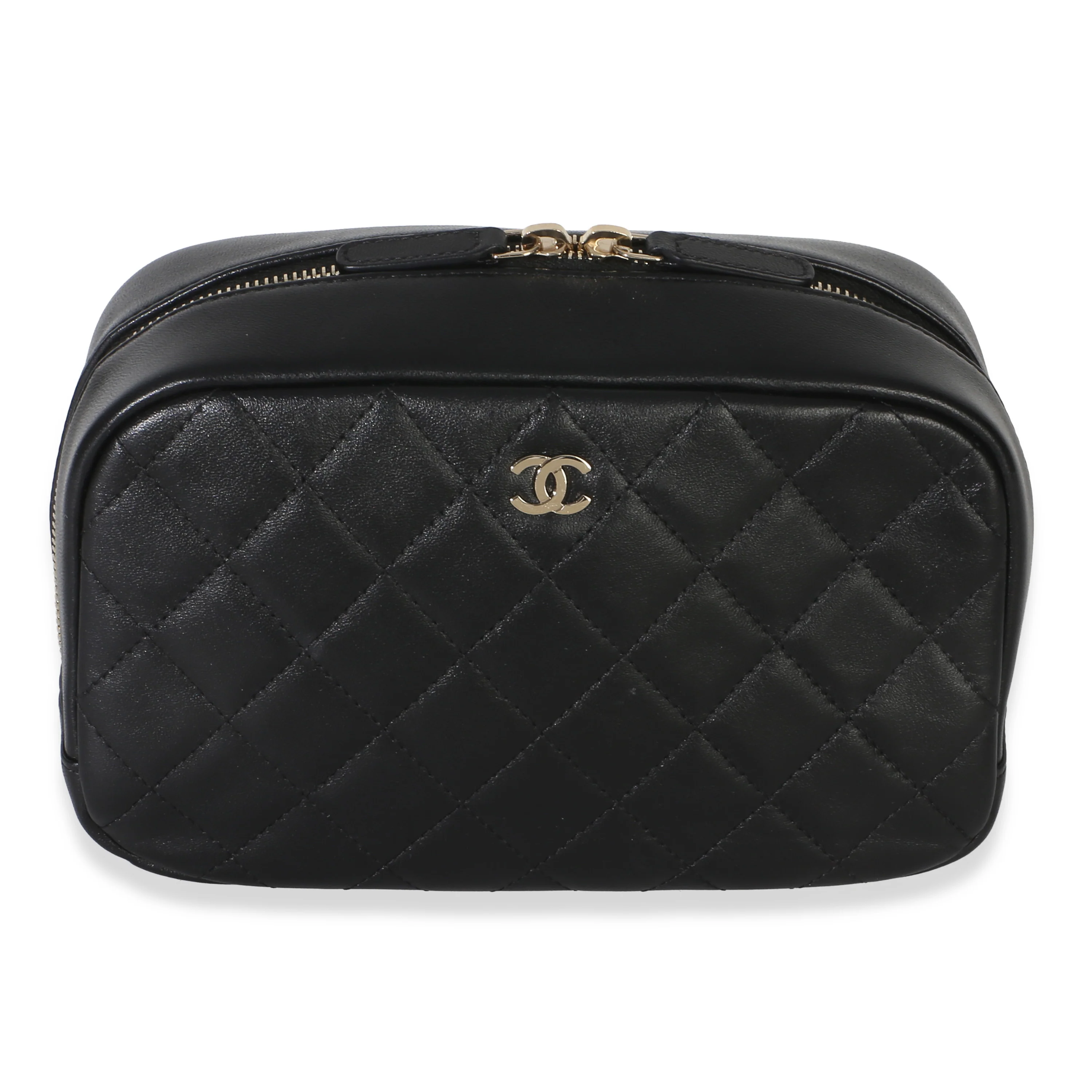 Black Quilted Lambskin Medium Curvy Pouch Cosmetic Case
