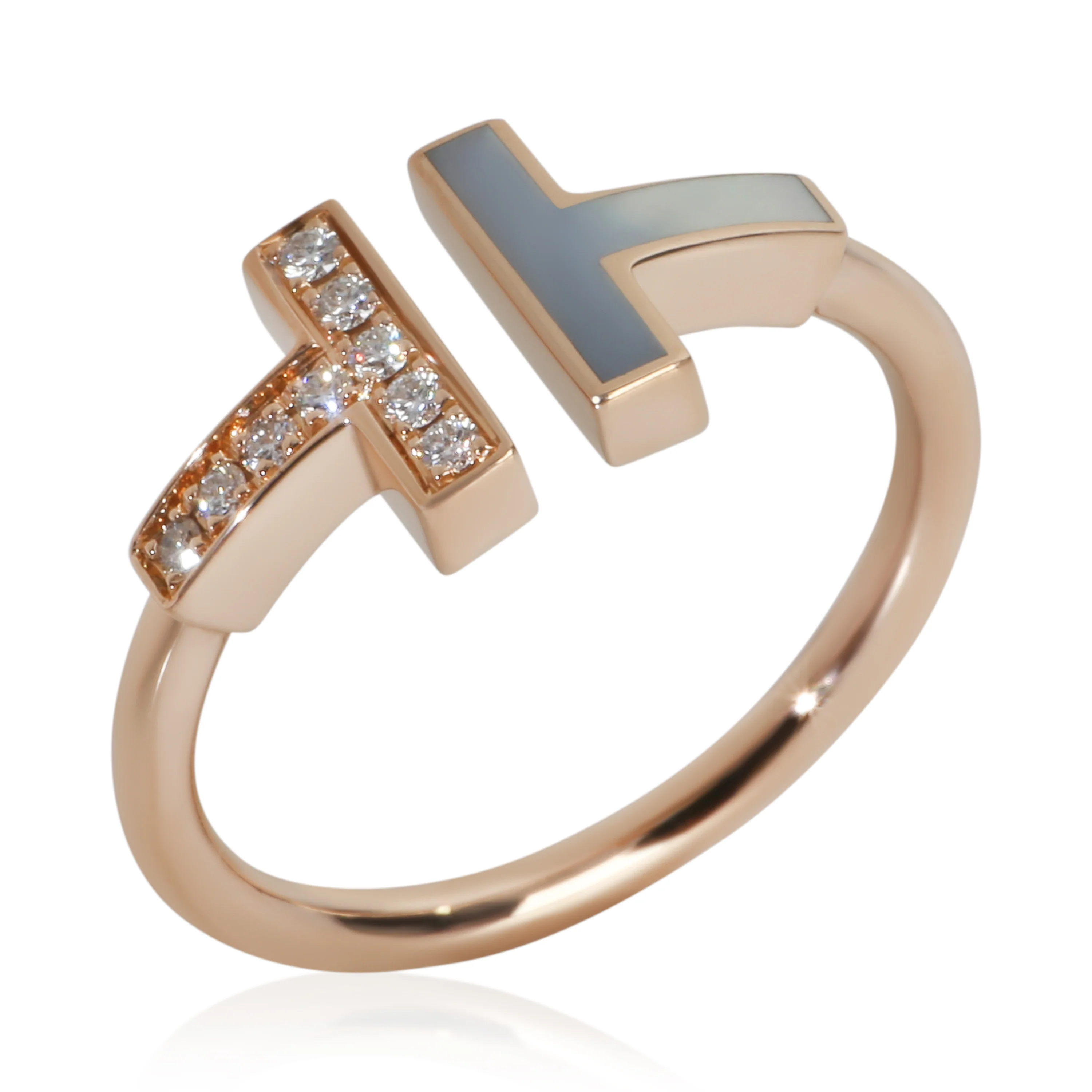 Rose Gold Mother Of Pearl and Diamond Tiffany T Wire Ring - Image 4