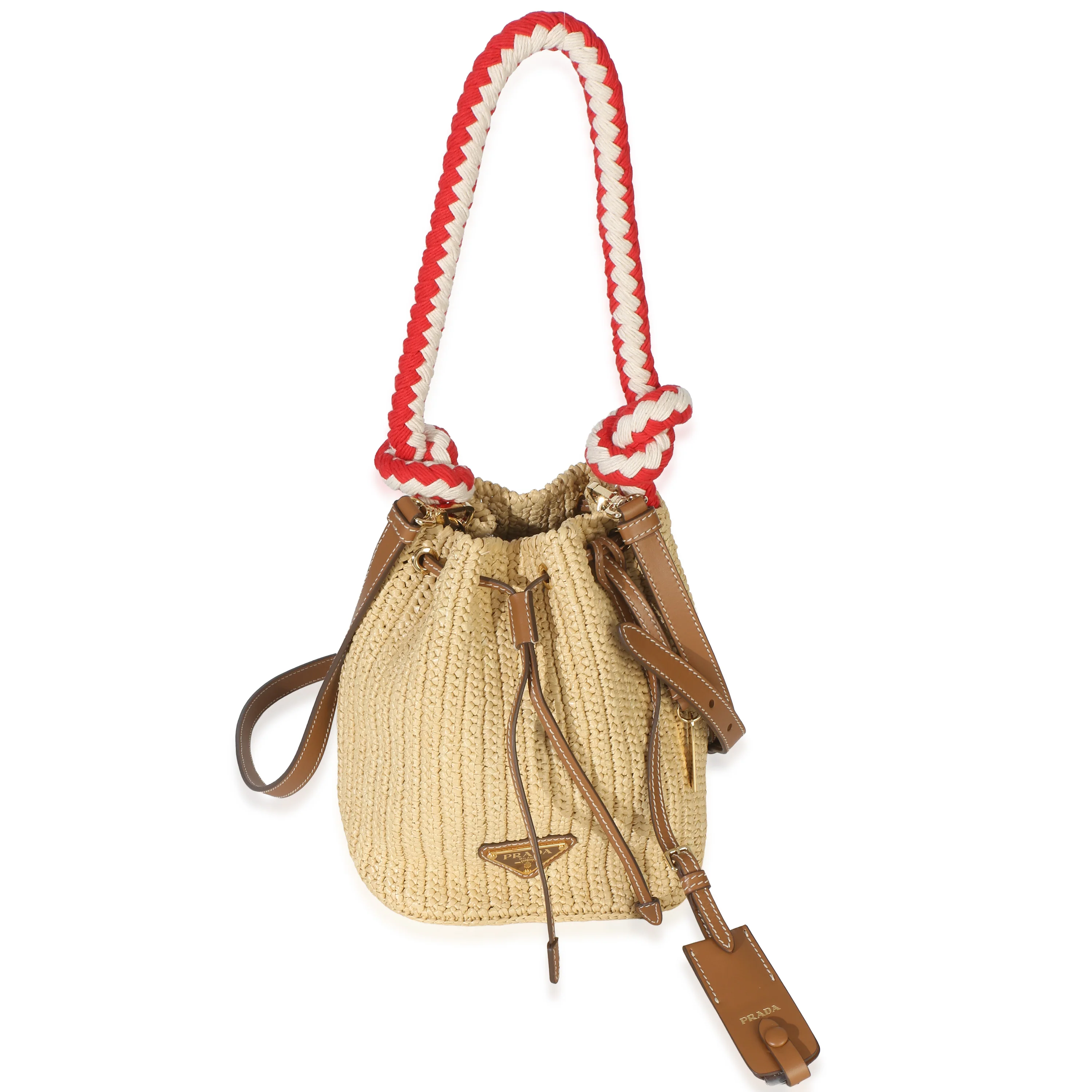 Beige Raffia Effect Crochet Small Bucket Bag