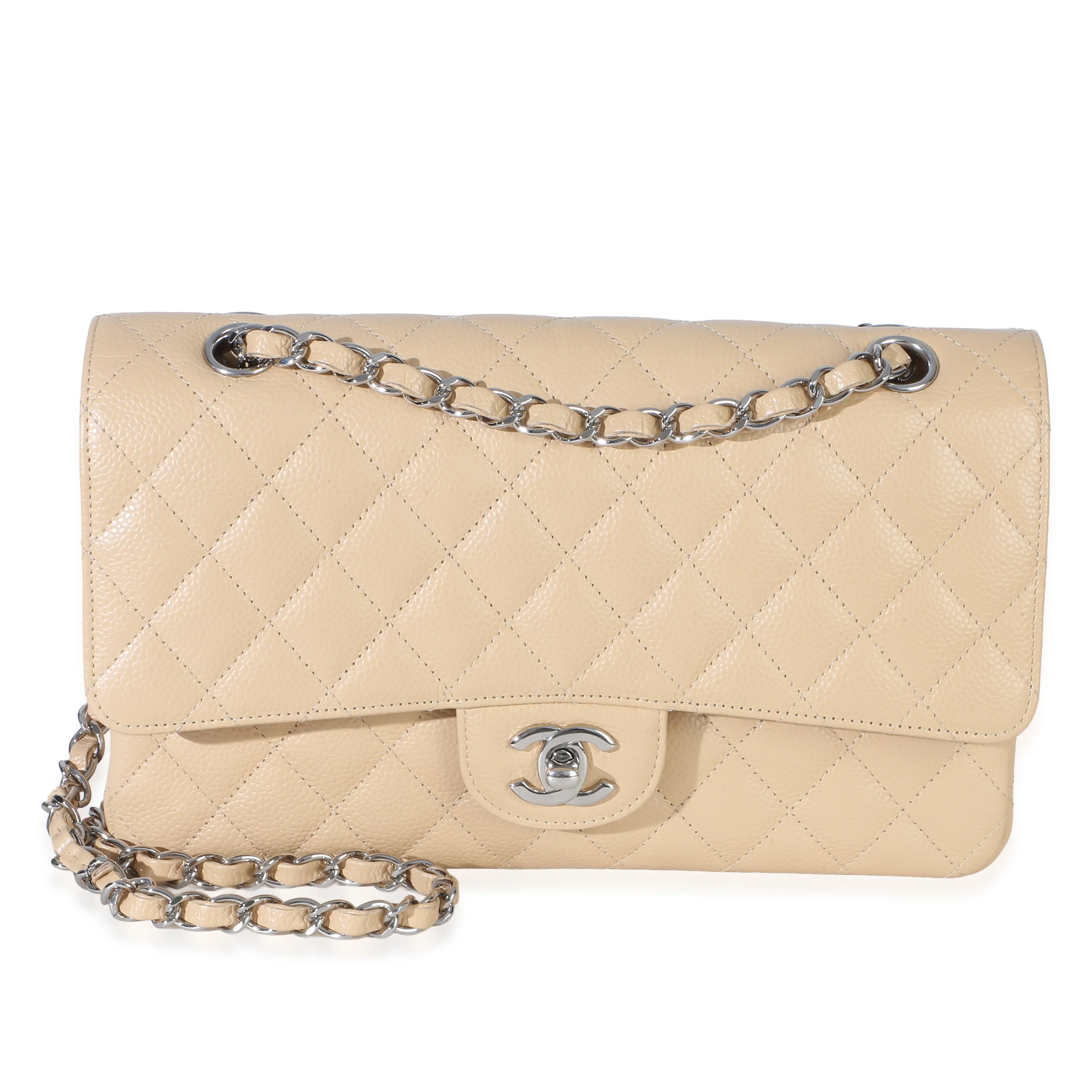Beige Quilted Caviar Medium Double Flap Bag