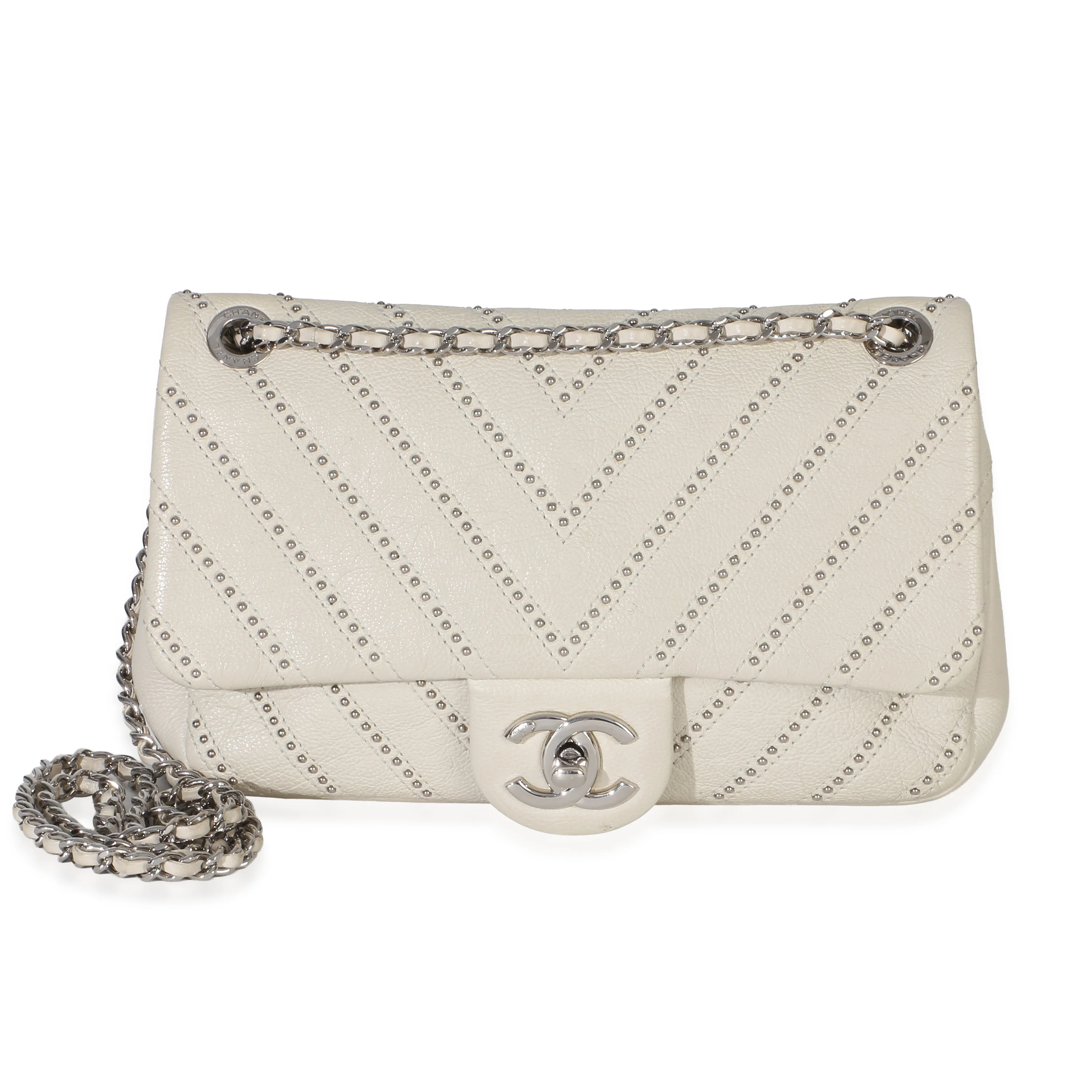 White Calfskin Chevron Small Stud Wars Flap Bag