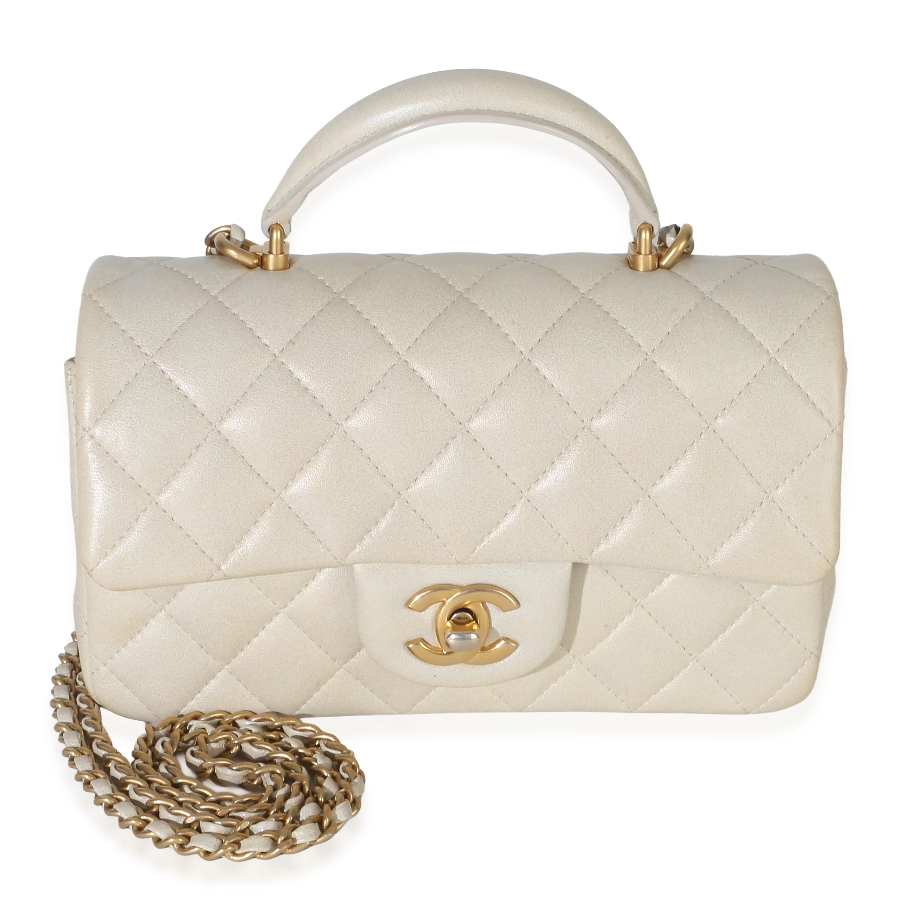 Greige Quilted Lambskin Mini Top Handle Rectangular Flap Bag