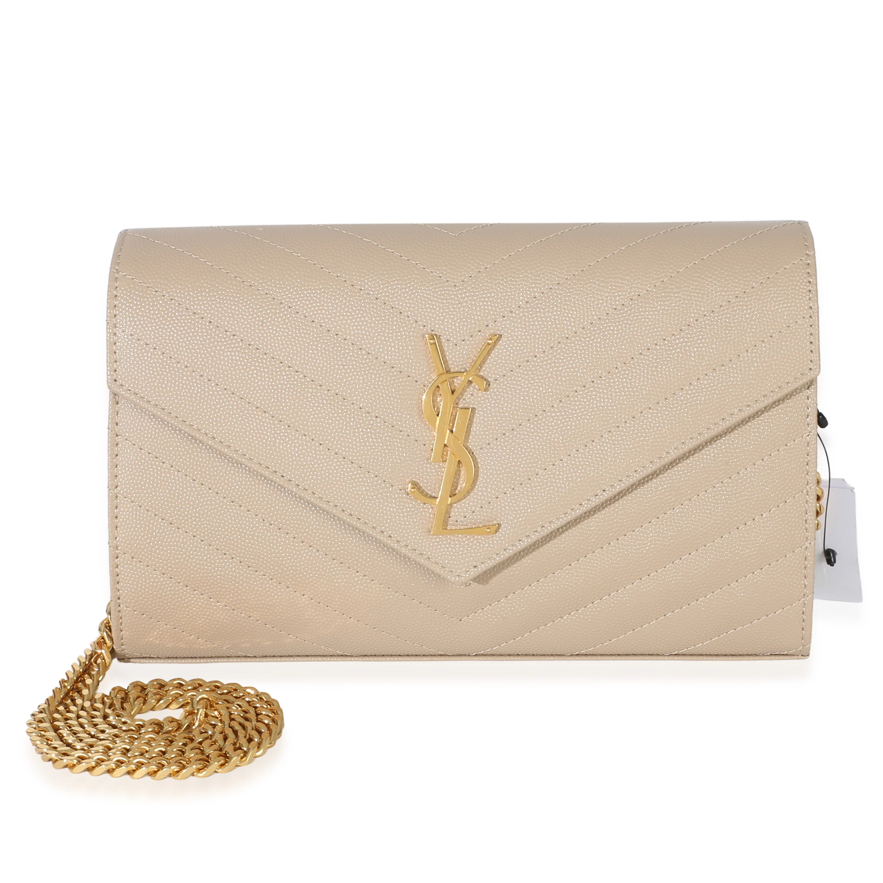 Beige Grain De Poudre Matelasse Chevron Monogram Chain Wallet