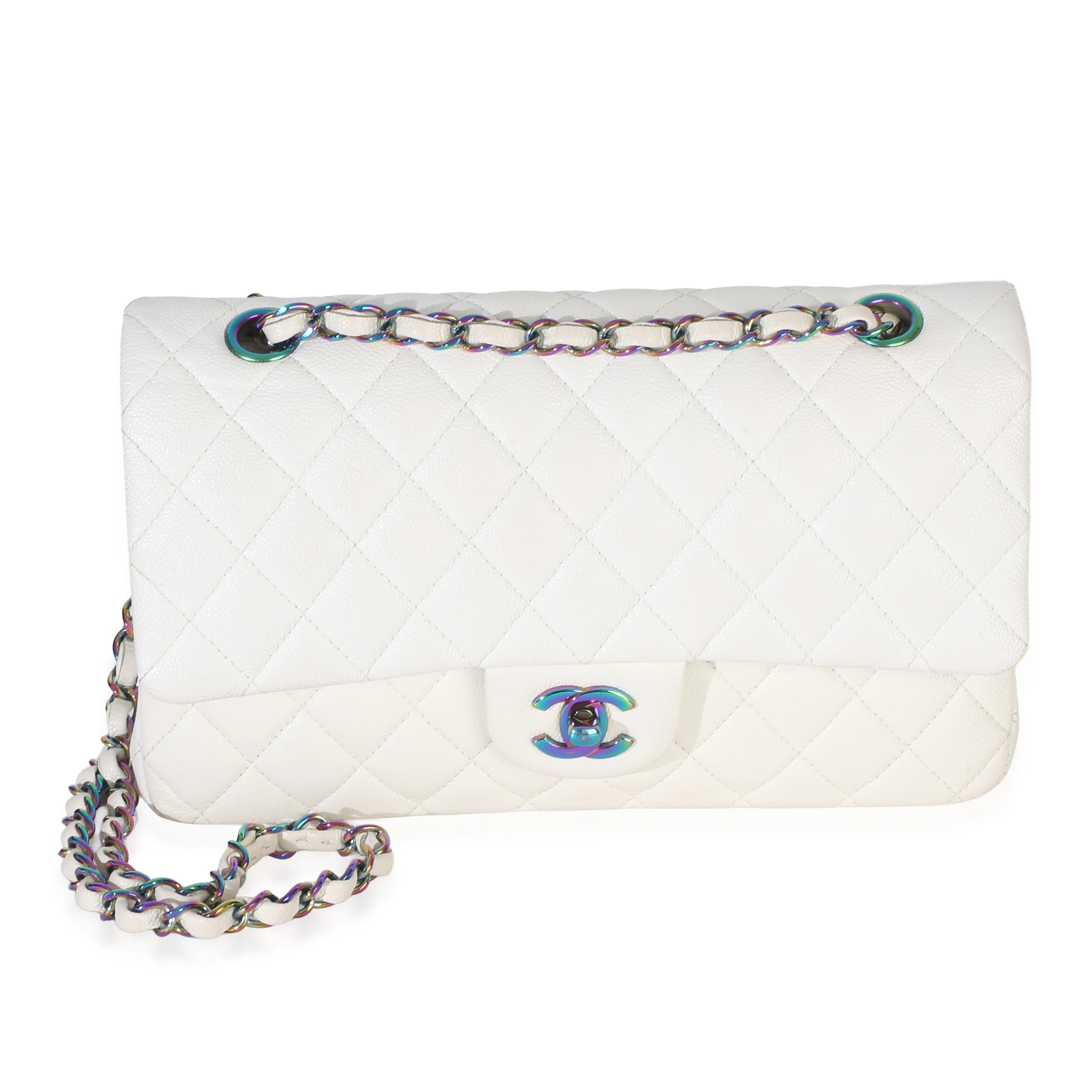 White Quilted Caviar Rainbow Medium Classic Double Flap Bag