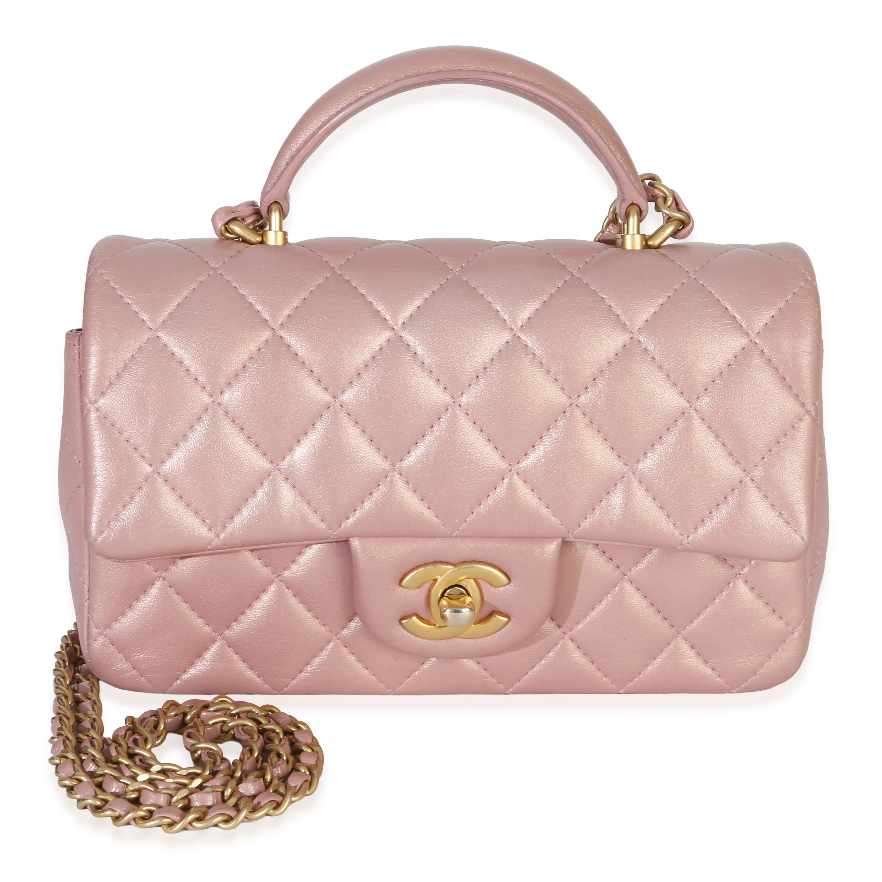 Pink Iridescent Quilted Lambskin Mini Top Handle Rectangular Flap Bag