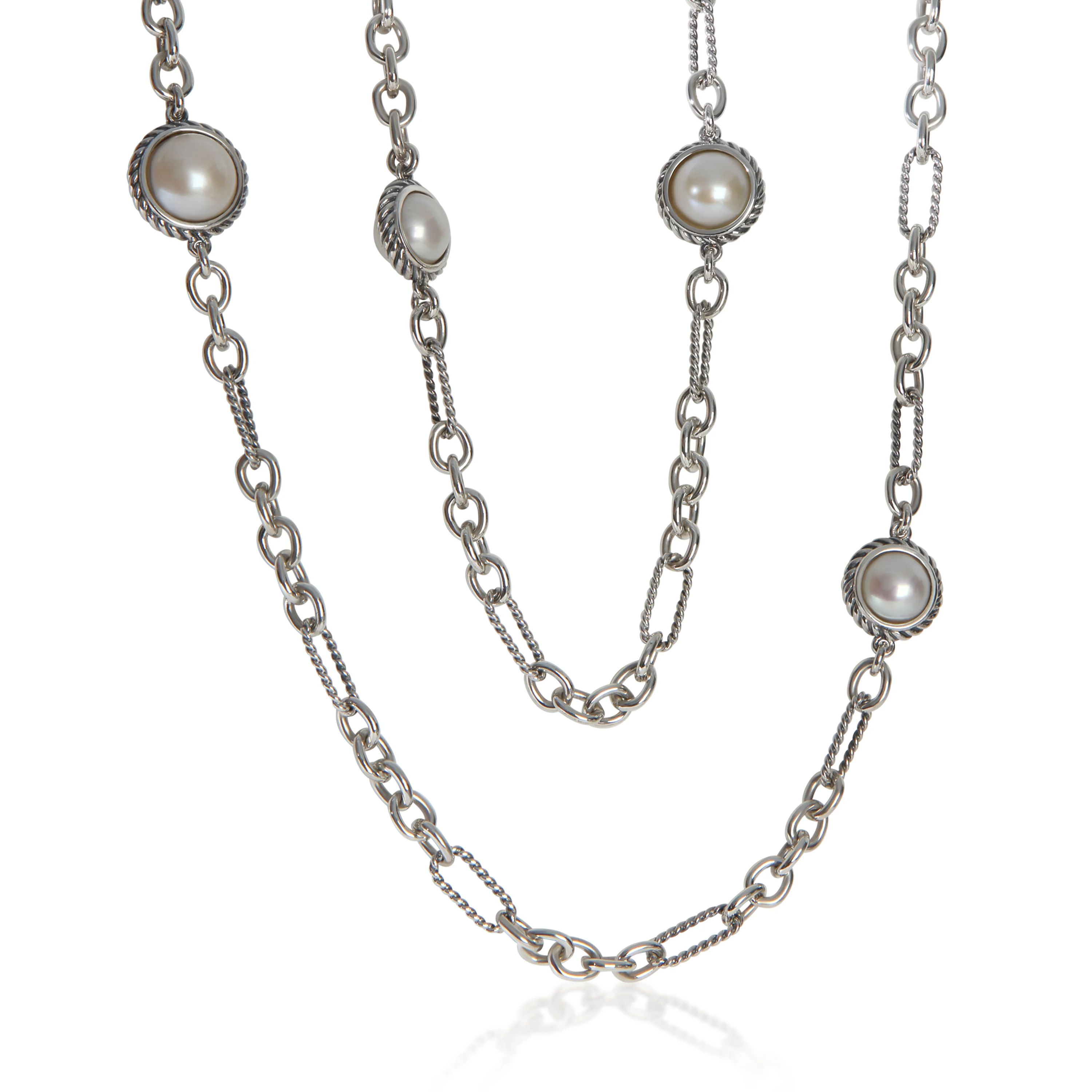 Sterling Silver Pearl Figaro Link With Pearl Stations Necklace - Image 2
