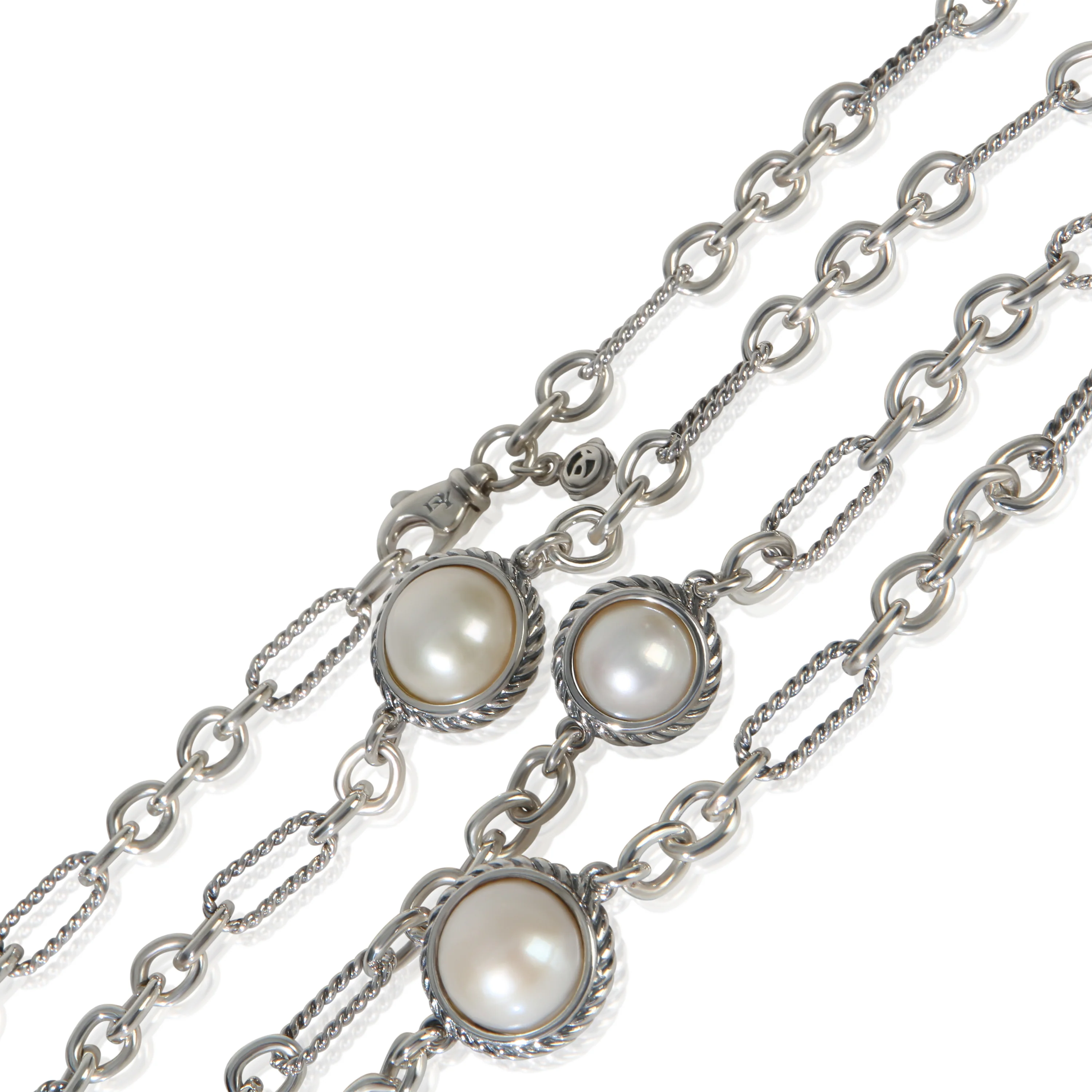 Sterling Silver Pearl Figaro Link With Pearl Stations Necklace - Image 3