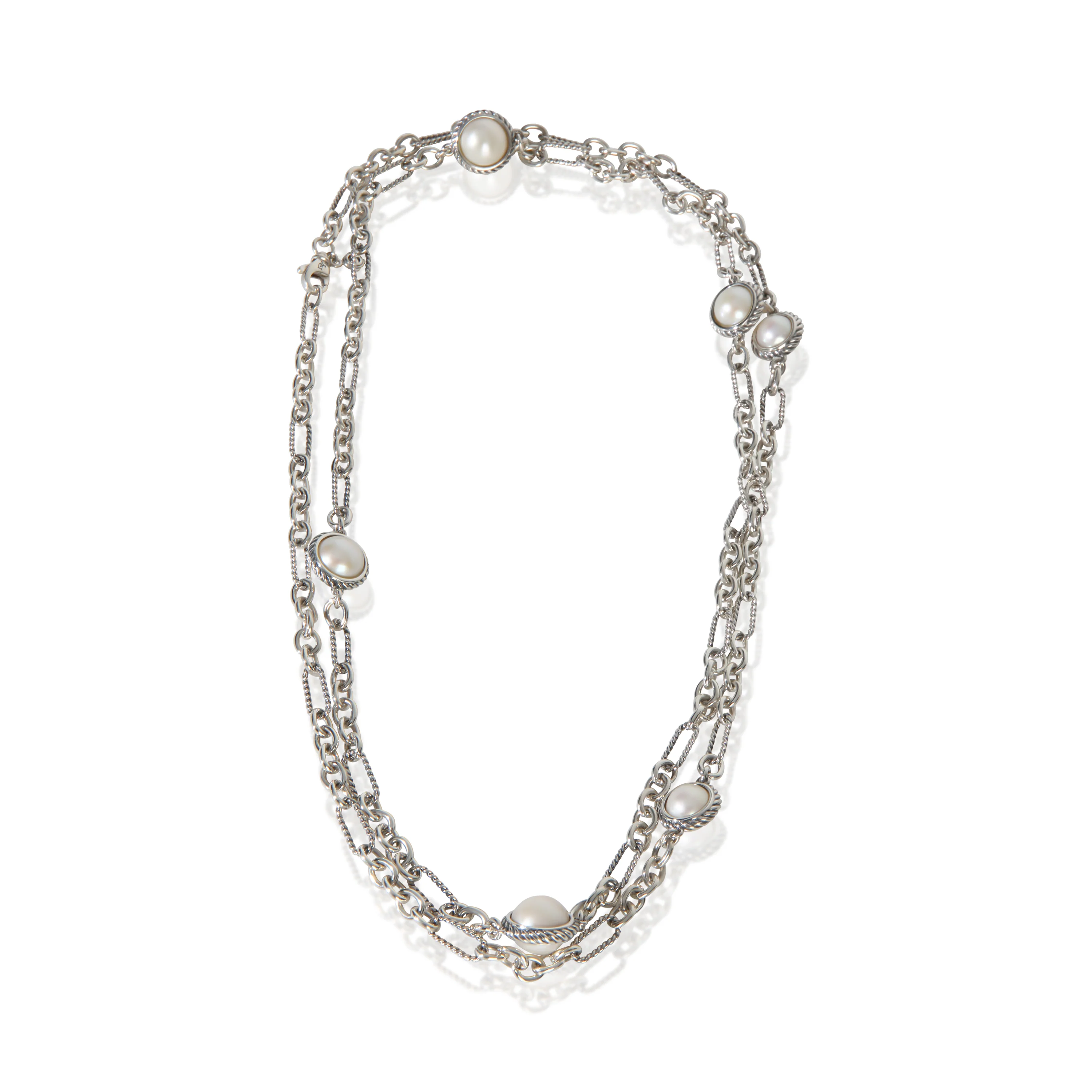Sterling Silver Pearl Figaro Link With Pearl Stations Necklace - Image 4