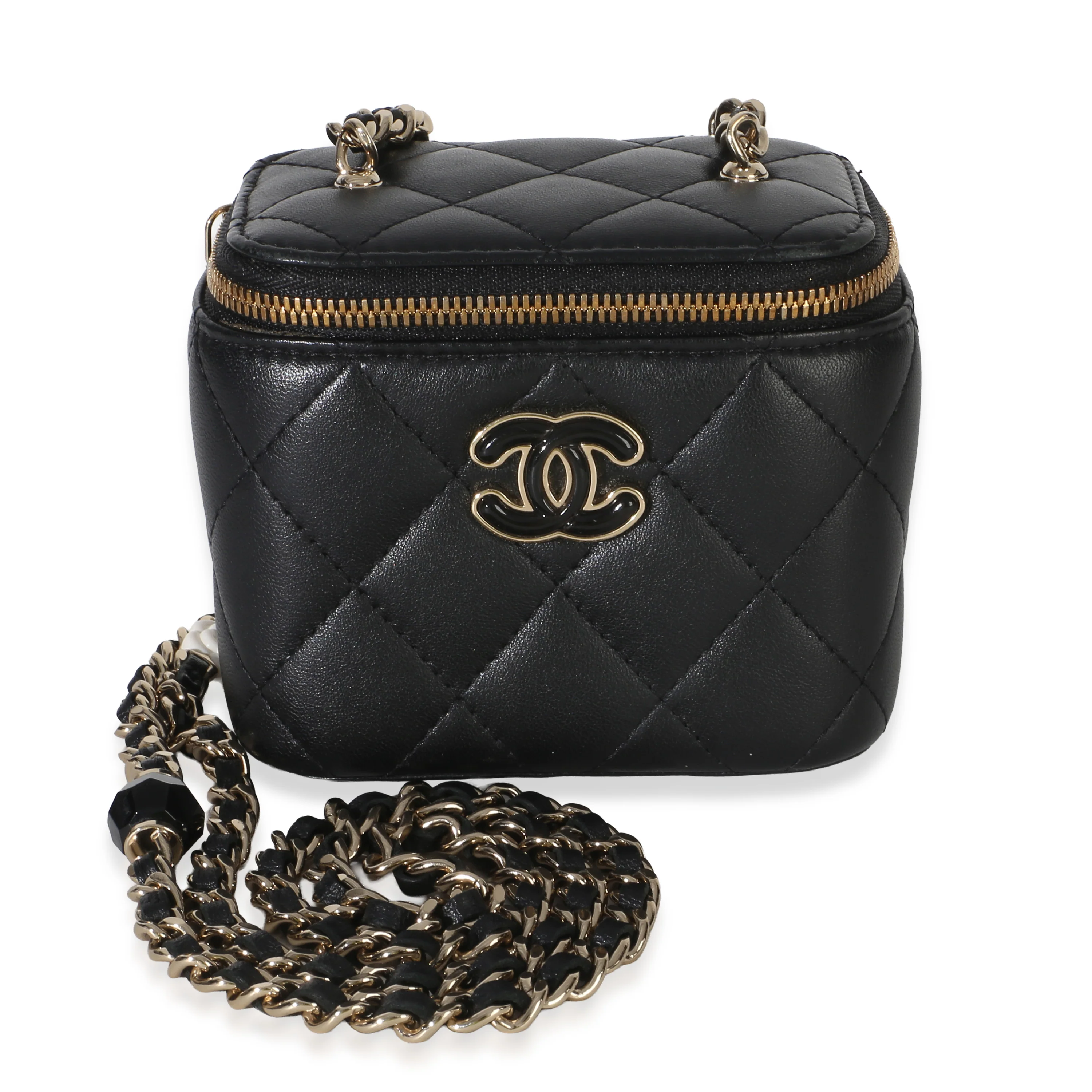 Black Quilted Lambskin Mini Vanity With Camellia Chain