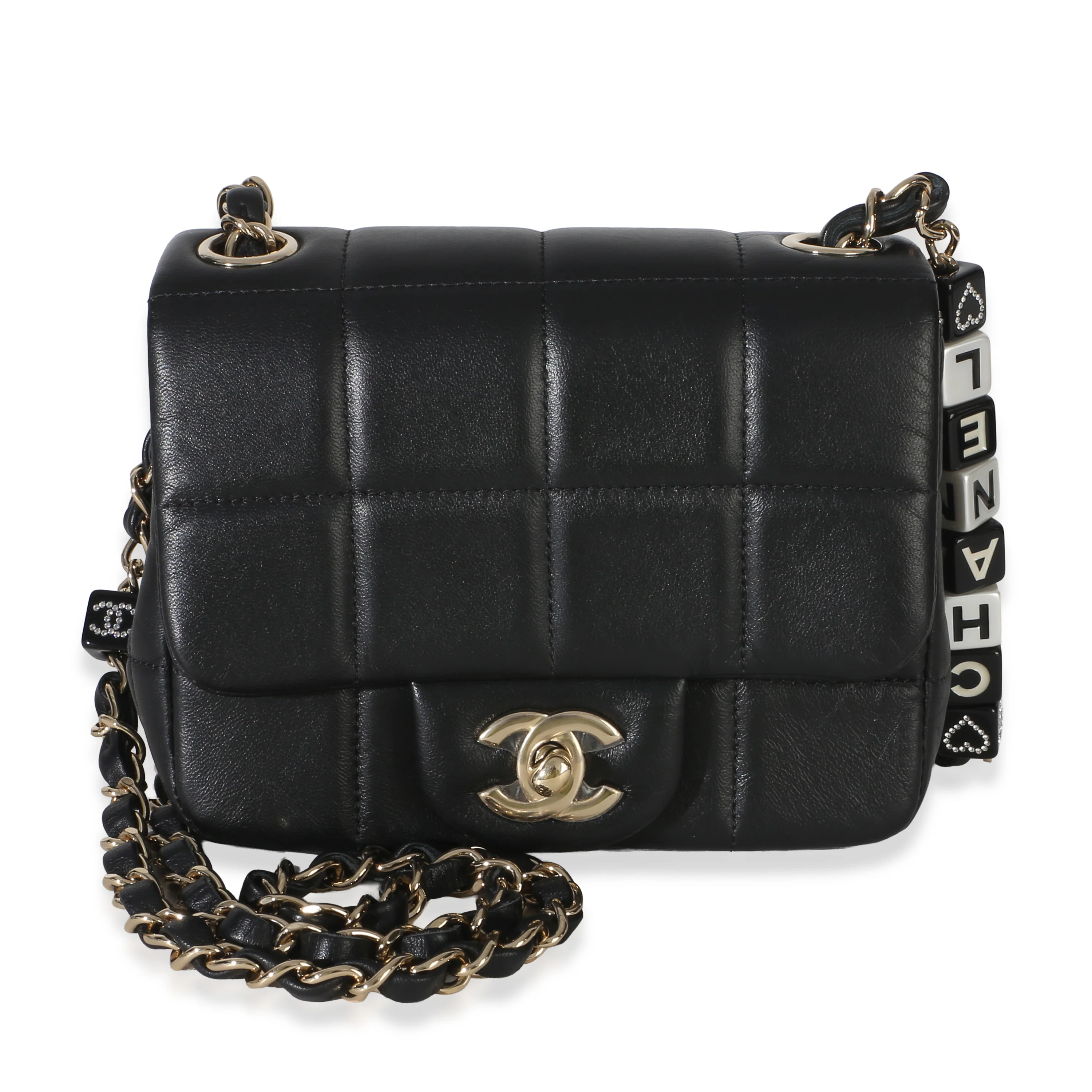 Black Quilted Lambskin Resin Crystal Square Monacoco Mini Flap Bag