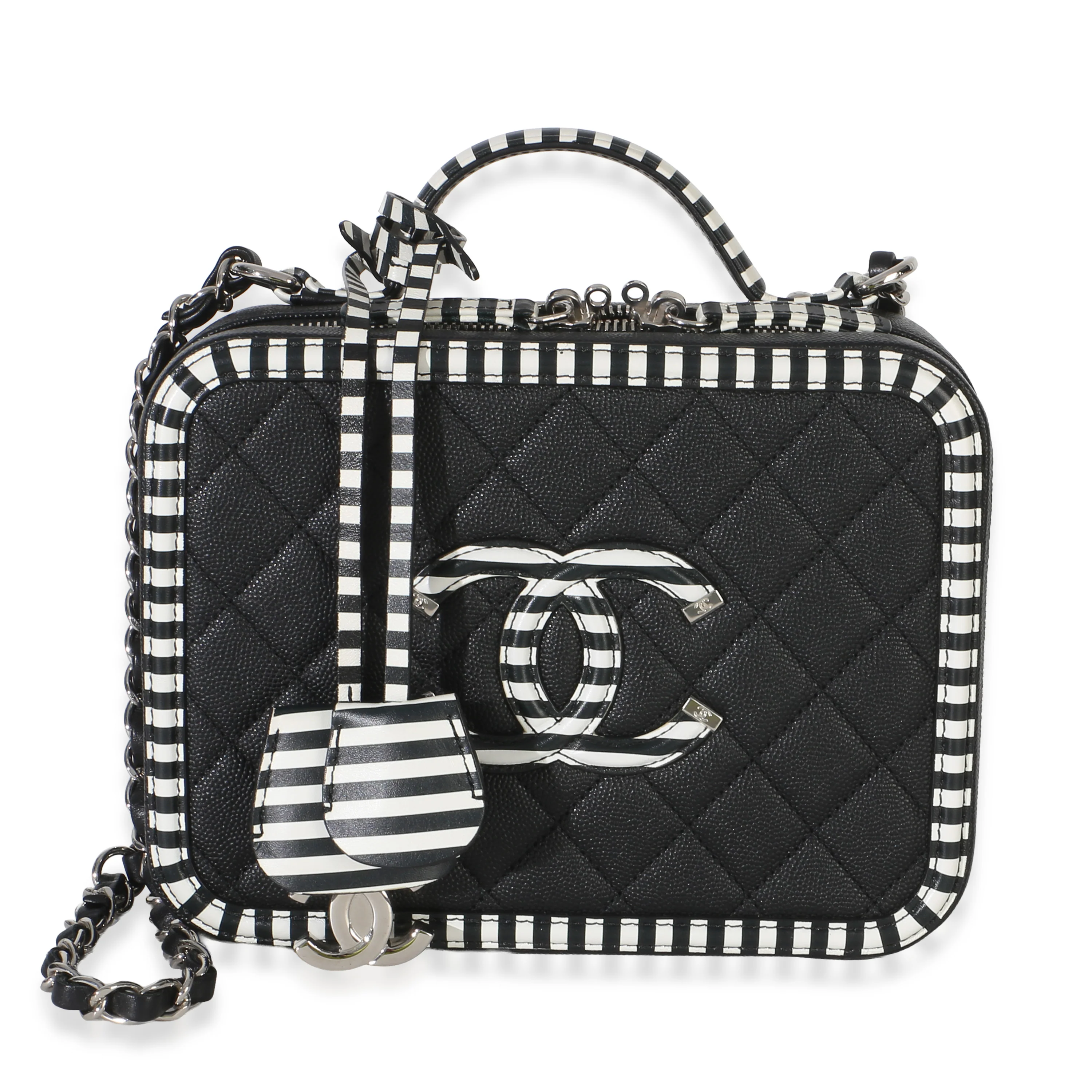 Black Quilted Caviar Striped Medium CC Filigree Vanity Case