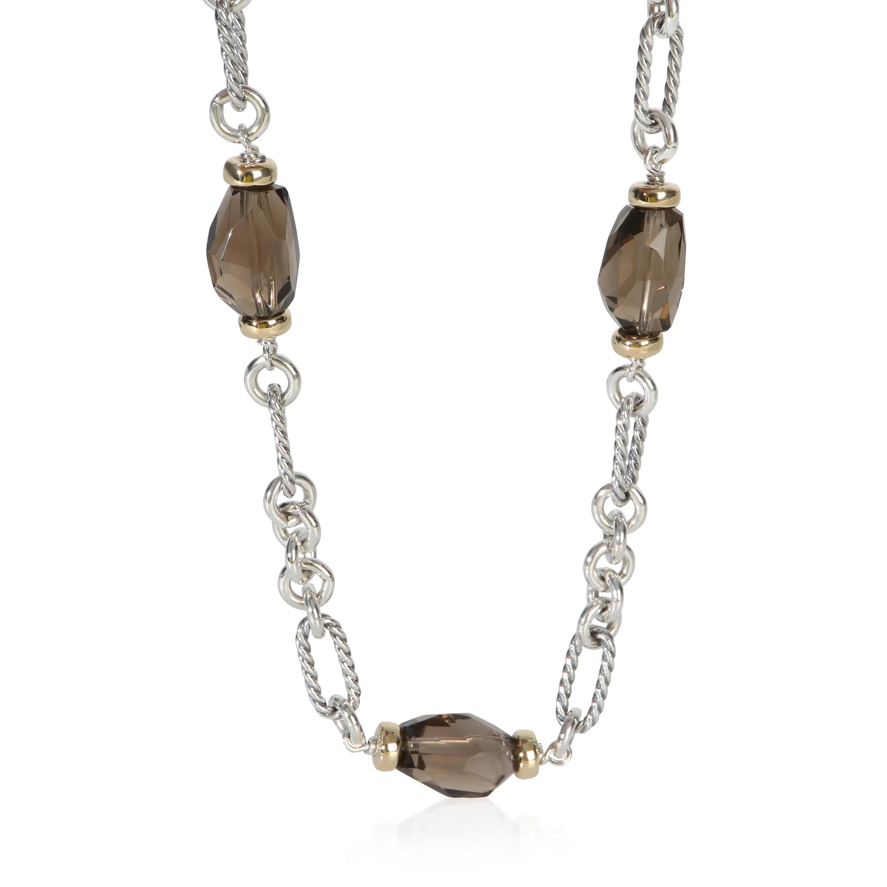 Yellow Gold & Sterling Silver Smokey Quartz Figaro Station Necklace